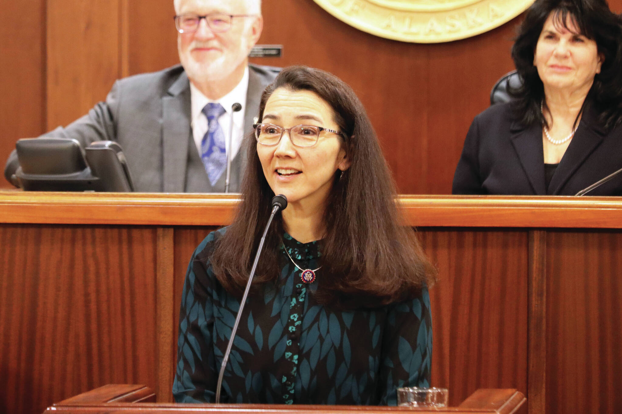 U.S. Rep. Mary Peltola delivers her annual address to the Alaska Legislature on Monday, in Juneau. (Mark Sabbatini/Juneau Empire)