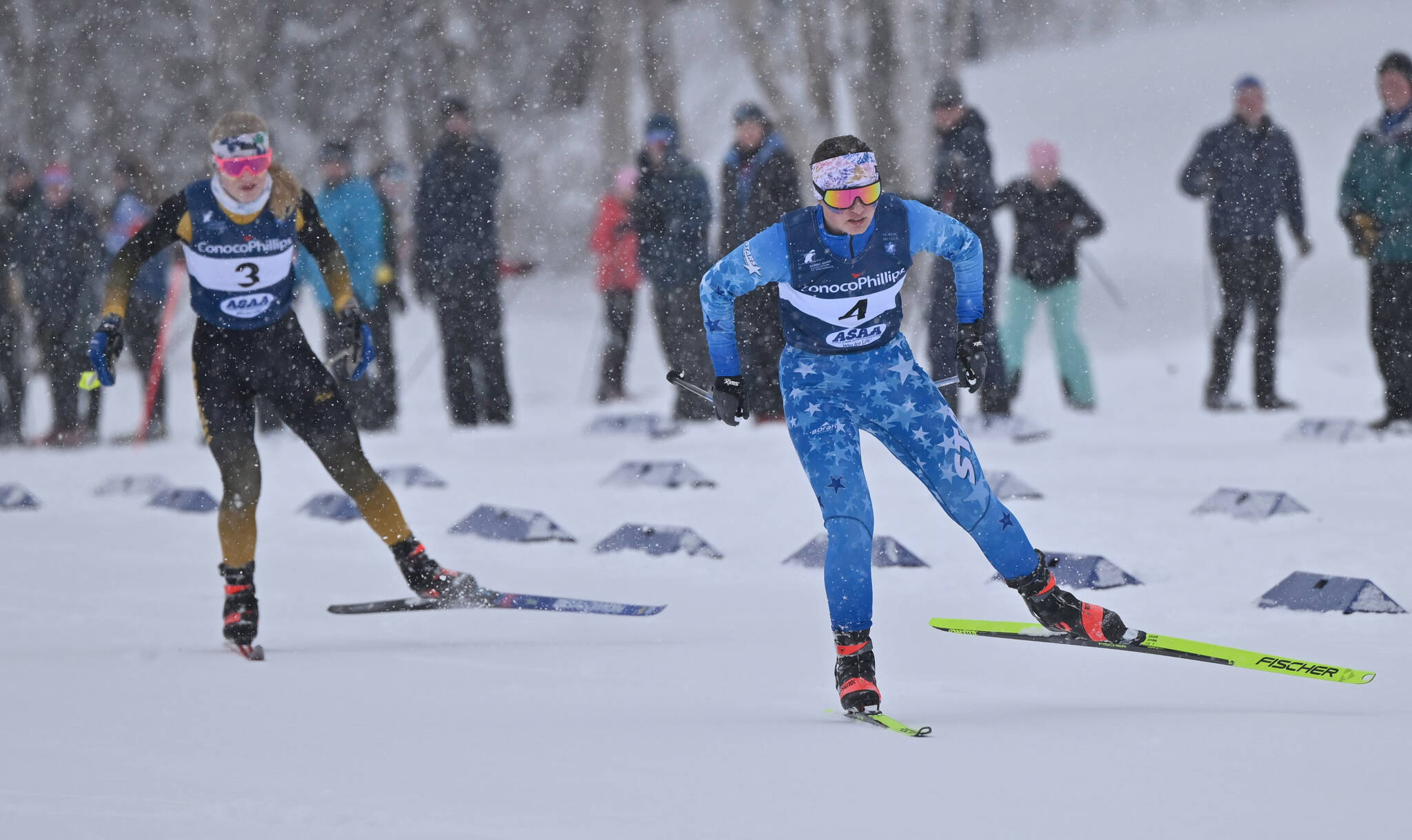 Soldotna’s Ariana Cannava skis her team to third place in the 4-by-3-kilometer relay at the state Nordic ski meet at Kincaid Park in Anchorage, Alaska, on Saturday, Feb. 24, 2024. (Photo courtesy of Danika Winslow)