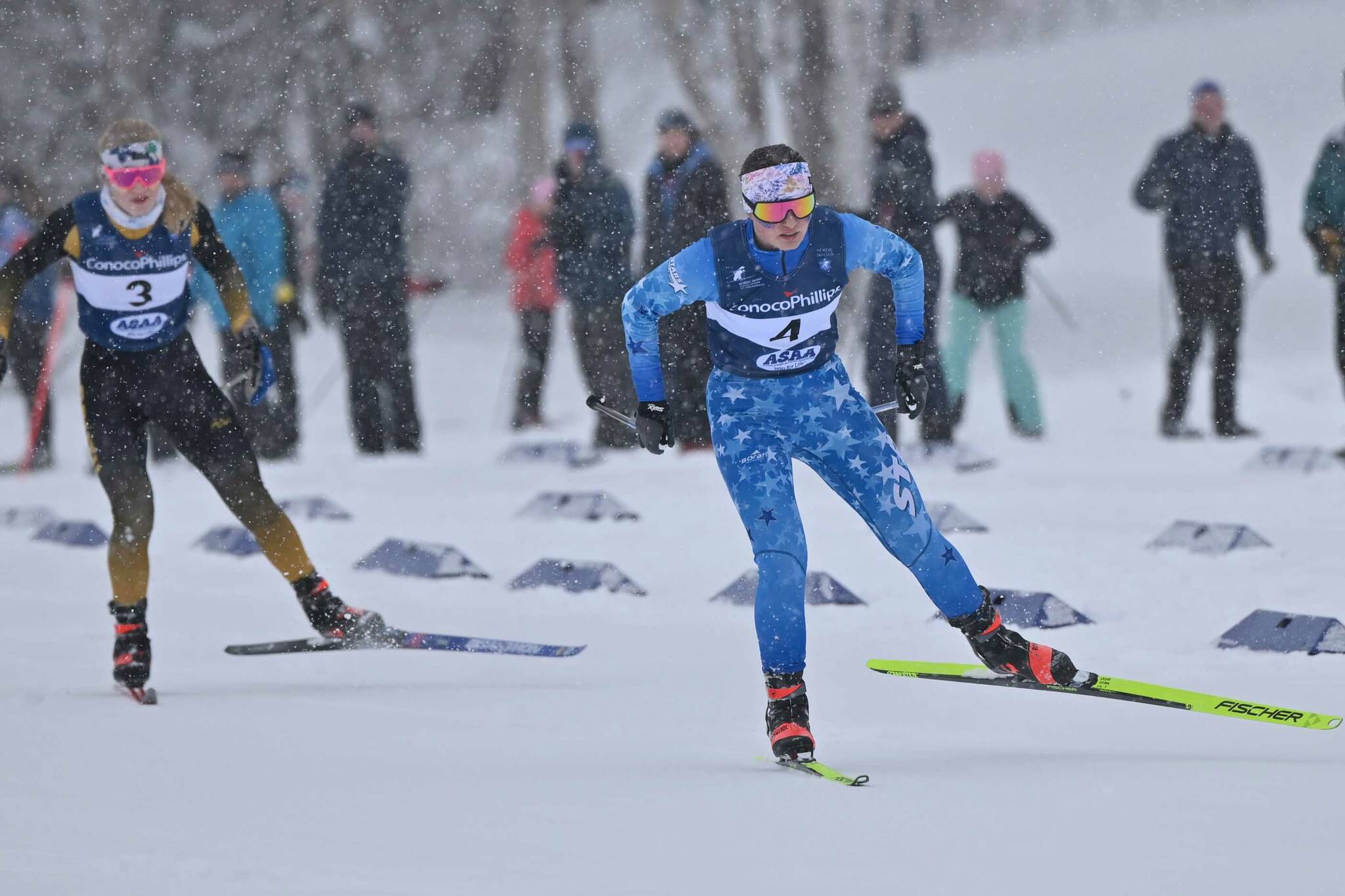 Soldotna's Ariana Cannava skis her team to third place in the 4-by-3-kilometer relay at the state Nordic ski meet at Kincaid Park in Anchorage, Alaska, on Saturday, Feb. 24, 2024. (Photo courtesy of Danika Winslow)
