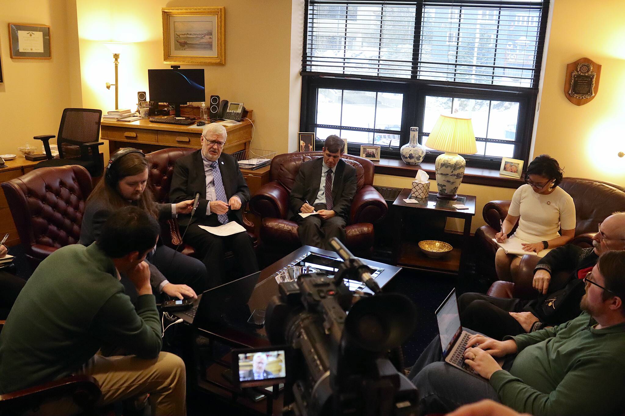 Alaska senators meet with members of the media to discuss education legislation after a press conference by Gov. Mike Dunleavy on the topic on Tuesday, Feb. 27, 2024, in Juneau, Alaska. (Mark Sabbatini/Juneau Empire)