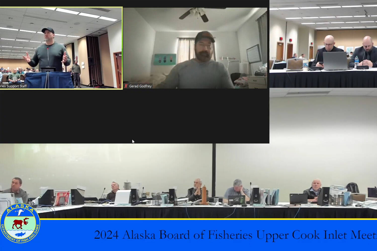 Travis Every, top left, speaks in support of fishing opportunity for the east side setnet fishery before the State Board of Fisheries at the Egan Convention Center in Anchorage, Alaska, on Tuesday, Feb. 27, 2024. (Jake Dye/Peninsula Clarion)