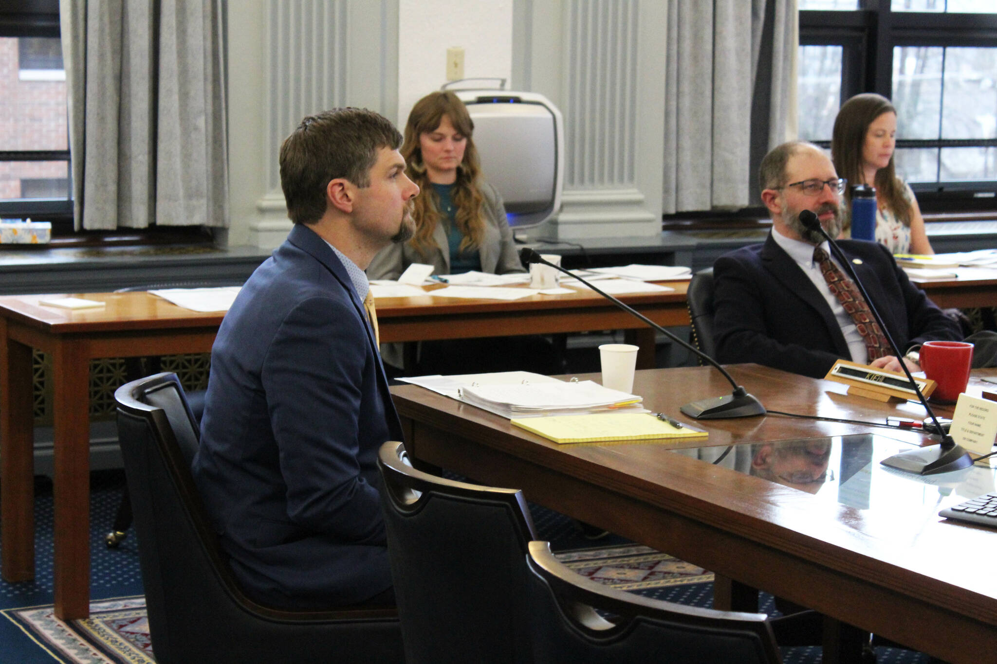 Sen. Jesse Bjorkman, R-Nikiski, presents information on a bill establishing a voluntary buyback program for Cook Inlet’s east side setnet fishery on Monday, Feb. 19, 2024, in Juneau, Alaska. (Ashlyn O’Hara/Peninsula Clarion)