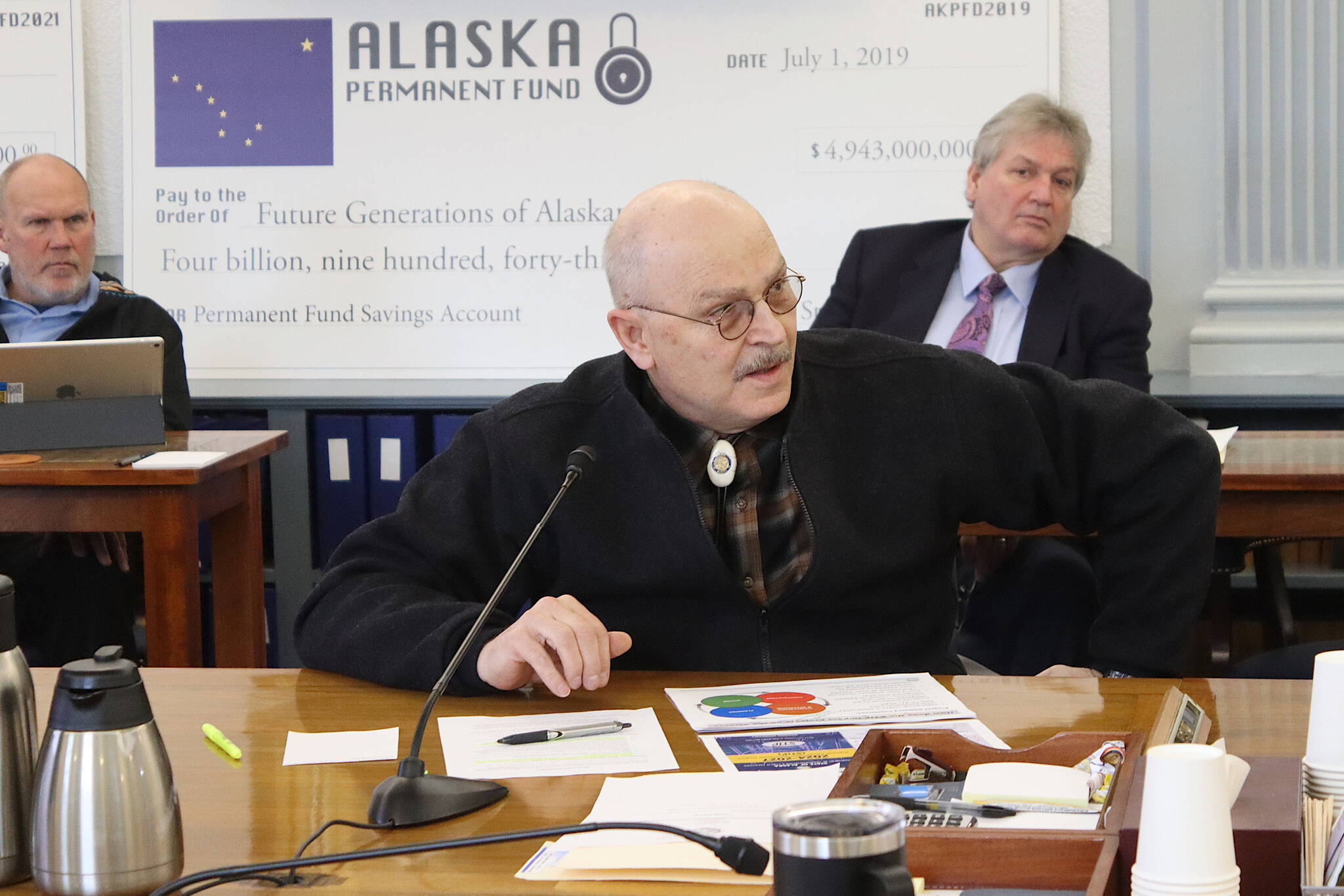 Sen. Click Bishop, R-Fairbanks, asks questions of Alaska Department of Transportation and Public Facilities Commissioner Ryan Anderson during a Senate Finance Committee hearing on Wednesday, Feb. 28, 2024 in Juneau, Alaska. (Mark Sabbatini/Juneau Empire)
