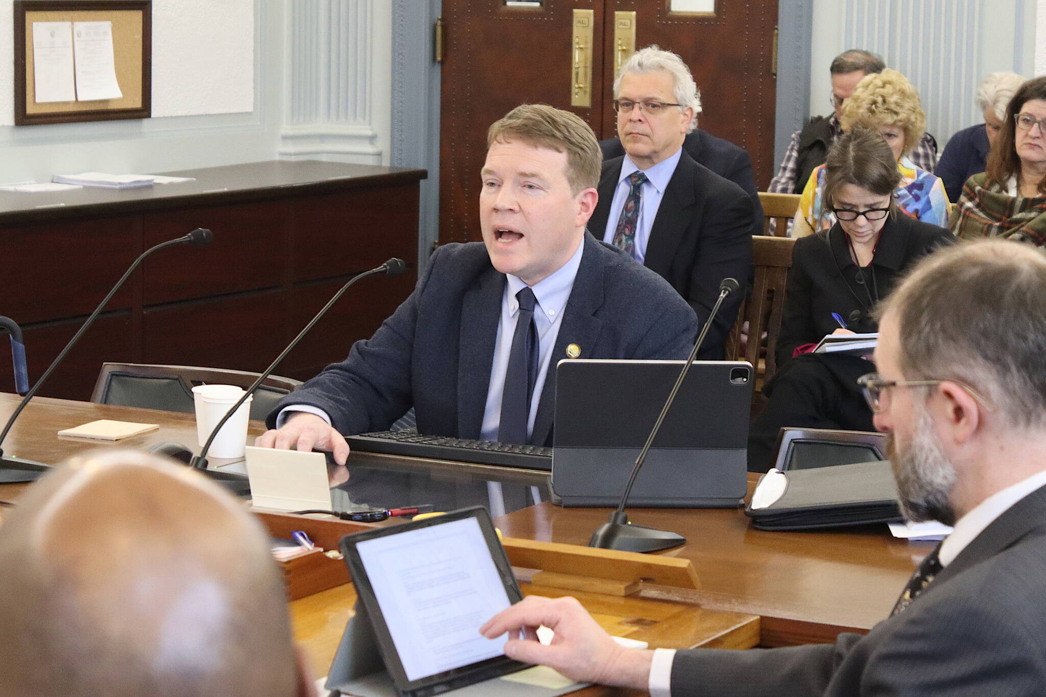 Alaska Department of Transportation and Public Facilities Commissioner Ryan Anderson answers questions from state senators during a Senate Finance Committee hearing on Wednesday, Feb. 28, 2024 in Juneau, Alaska. (Mark Sabbatini/Juneau Empire)