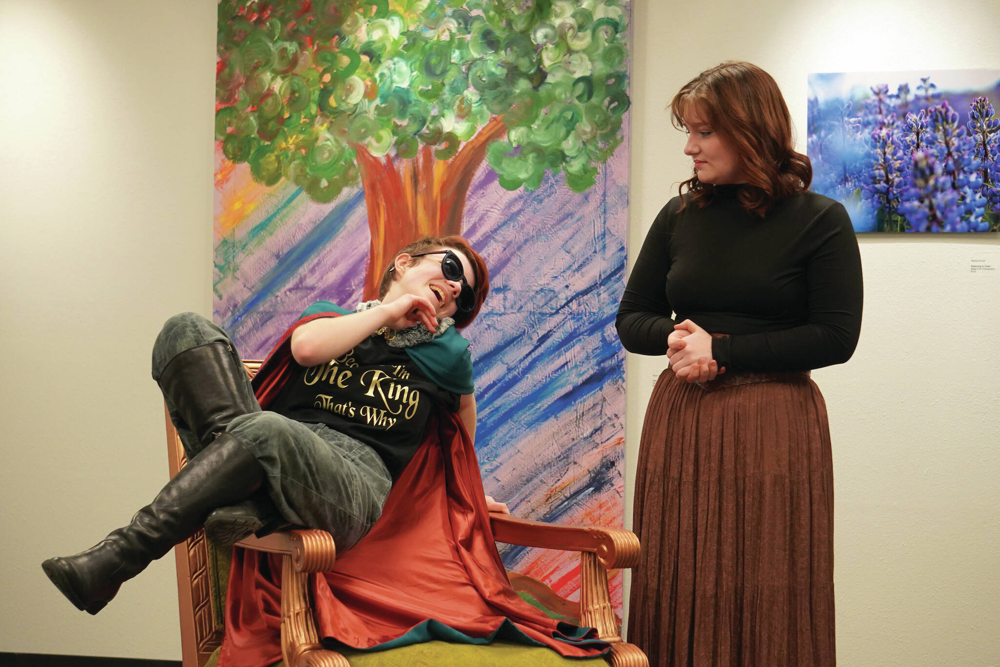 Rory Funk and Oshie Broussard rehearse “Marion, or the True Tale of Robin Hood” at the Kenai Art Center on Thursday. (Jake Dye/Peninsula Clarion)