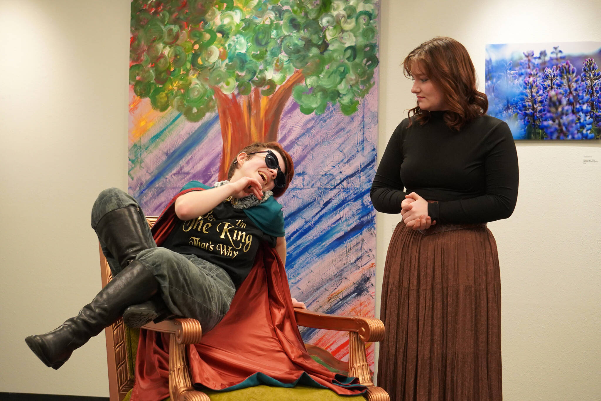 Rory Funk and Oshie Broussard rehearse “Marian, or the True Tale of Robin Hood” at the Kenai Art Center on Thursday, Feb. 29, 2024. (Jake Dye/Peninsula Clarion)