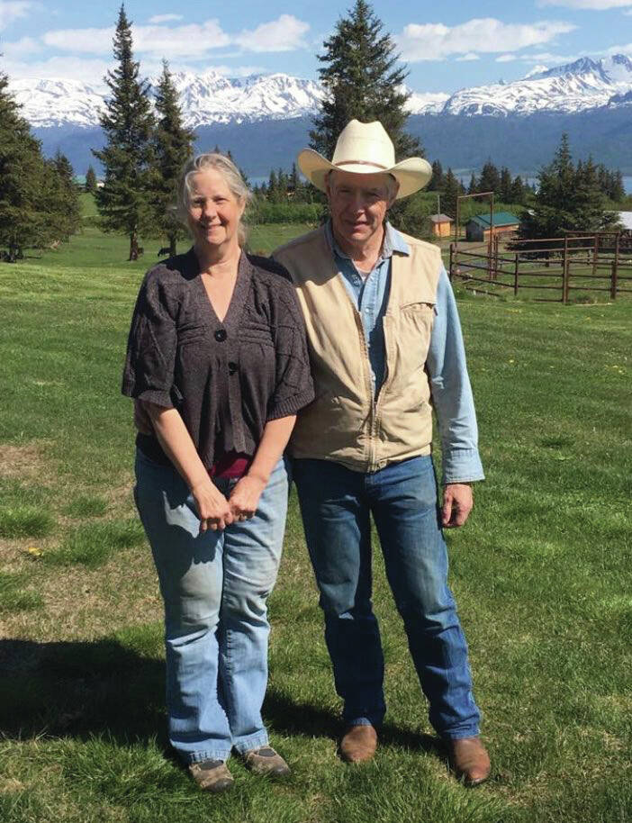 Photo courtesy of the Keeler Family Collection
Ina (Keeler) Jones and her husband, Cecil “Spek” Jones, pose in the front yard of their home far out East End Road, near Homer.