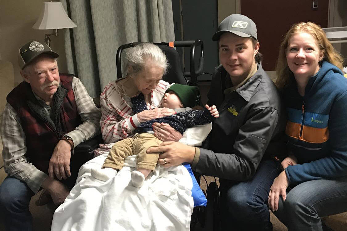 In the early 2020s, the extended Keeler clan continues on the southern Kenai Peninsula, with (far right) Vikki, the daughter of Ina (Keeler) and Spek Jones, her son Brad and his infant son Hugh. At left is Spek Jones and his mother Nelda Jones. Photo courtesy of the Keeler Family Collection.