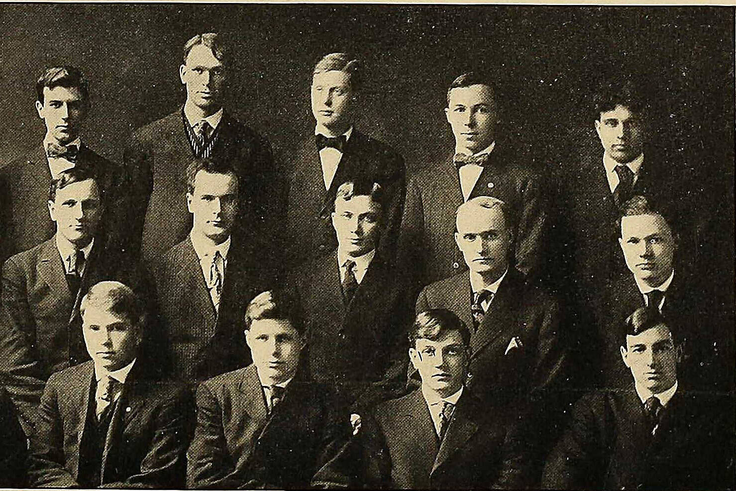 William Raymond “W.R.” Benson (front row, far right) poses along with the rest of the Sigma Nu fraternity at Albion College in Michigan in about 1908. Despite a lifetime spent in the public eye, Benson was apparently seldom captured on film. This image is one of the few photos of him known to exist. (photo from the 1908 Albion College yearbook via ancestry.com)