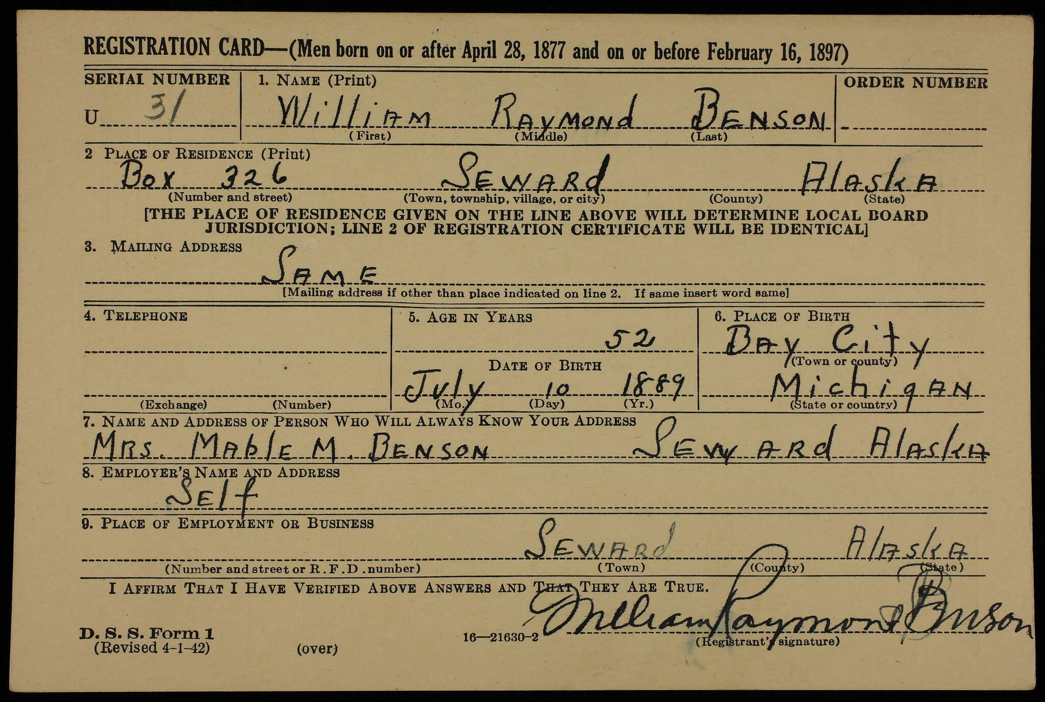 document from ancestry.com
William Raymond “W.R.” Benson’s draft-registration card from 1942 reveals that he was 52 years old, living in Seward and self-employed. His wife, Mable, is listed as a person who will always know his address.