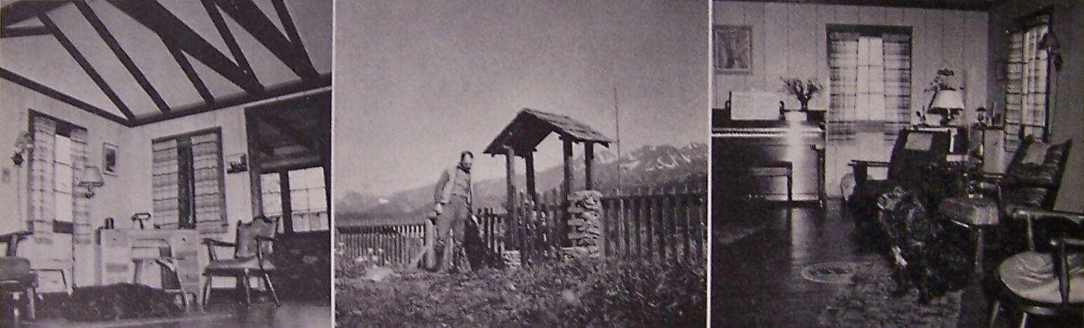 This trio of images appeared in the January 1942 edition of Alaska Life magazine, in an article entitled “The Mayor of Seward Builds a Dream House for $2,000!” To the left and right are interior views of the Benson home. The center photograph shows W.R. Benson and his dog near the front gate of his yard.