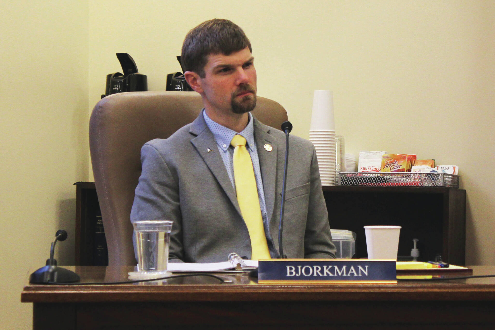 Sen. Jesse Bjorkman, R-Nikiski, listens to testimony during a Senate Community and Regional Affairs Committee hearing on Thursday, Feb. 22, 2024, in Juneau, Alaska. (Ashlyn O’Hara/Peninsula Clarion)