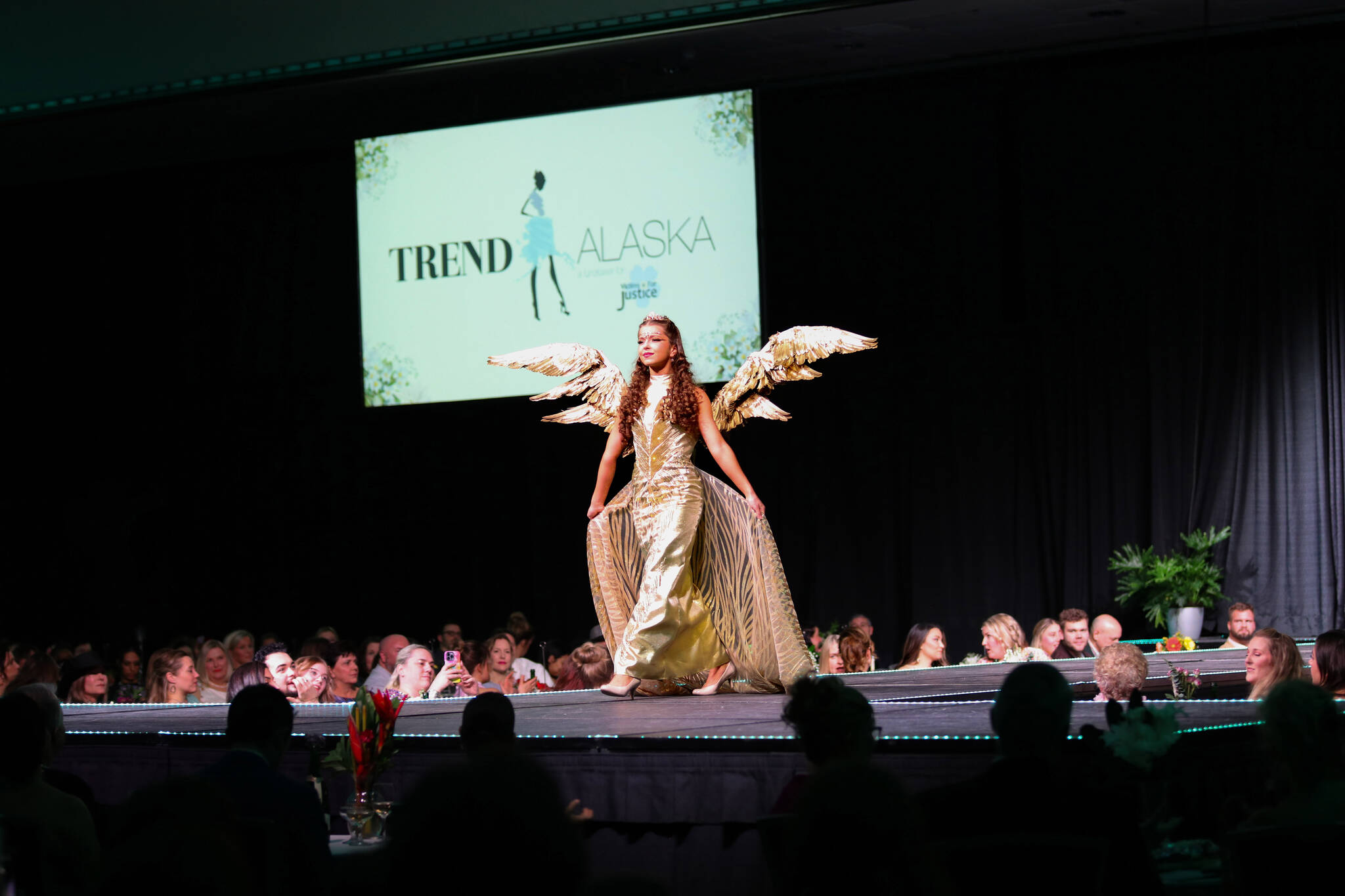 Sara DeVolld wears “Towards the Sun,” a dress she designed that was featured in February’s Trend Alaska 2024 Fashion Show. (Photo provided by Shona DeVolld)