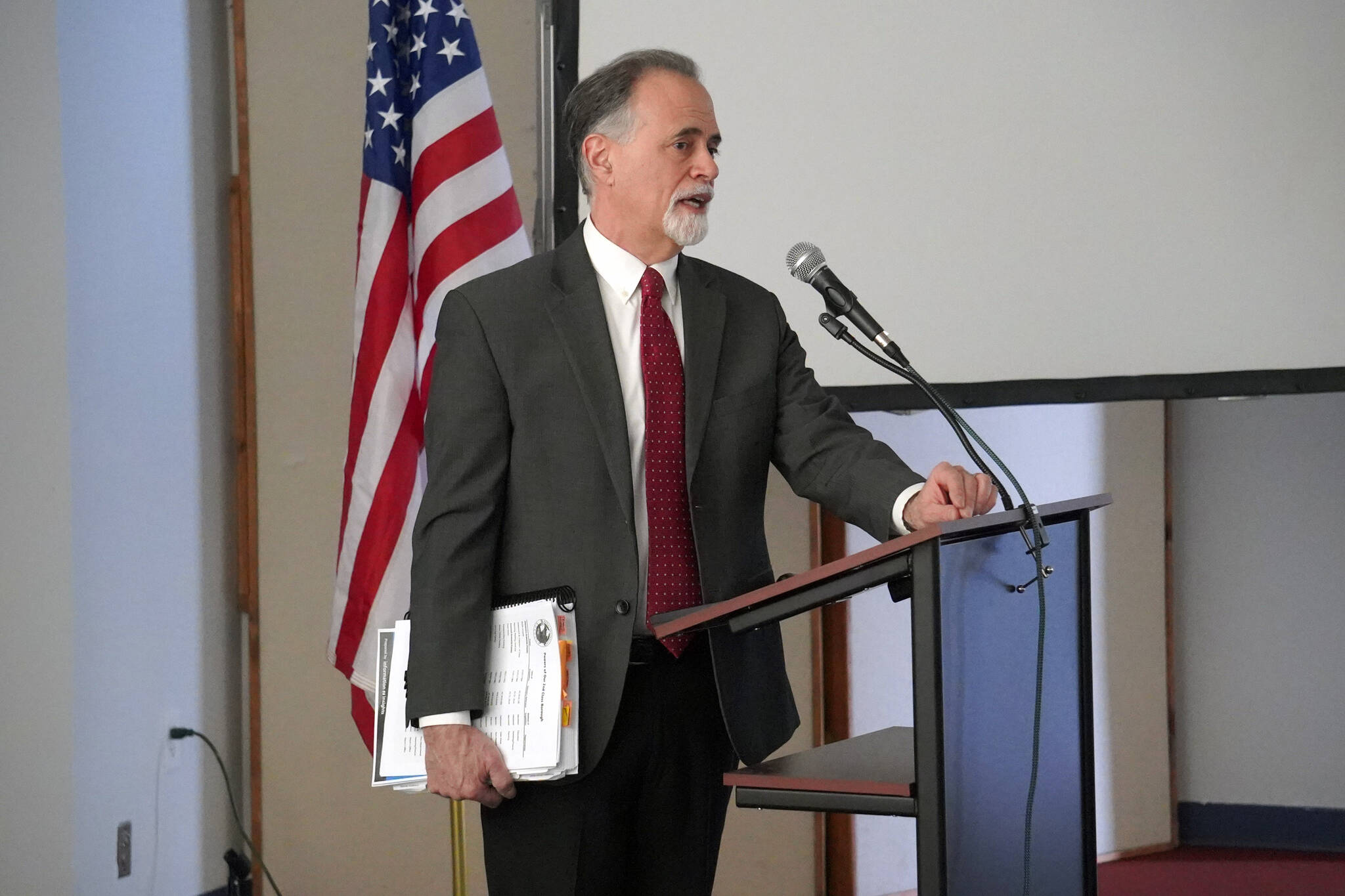 Kenai Peninsula Borough Mayor Peter Micciche delivers a borough update during a joint luncheon of the Kenai and Soldotna Chambers of Commerce at the Kenai Chamber of Commerce and Visitor’s Center in Kenai, Alaska, on Wednesday, March 6, 2024. (Jake Dye/Peninsula Clarion)