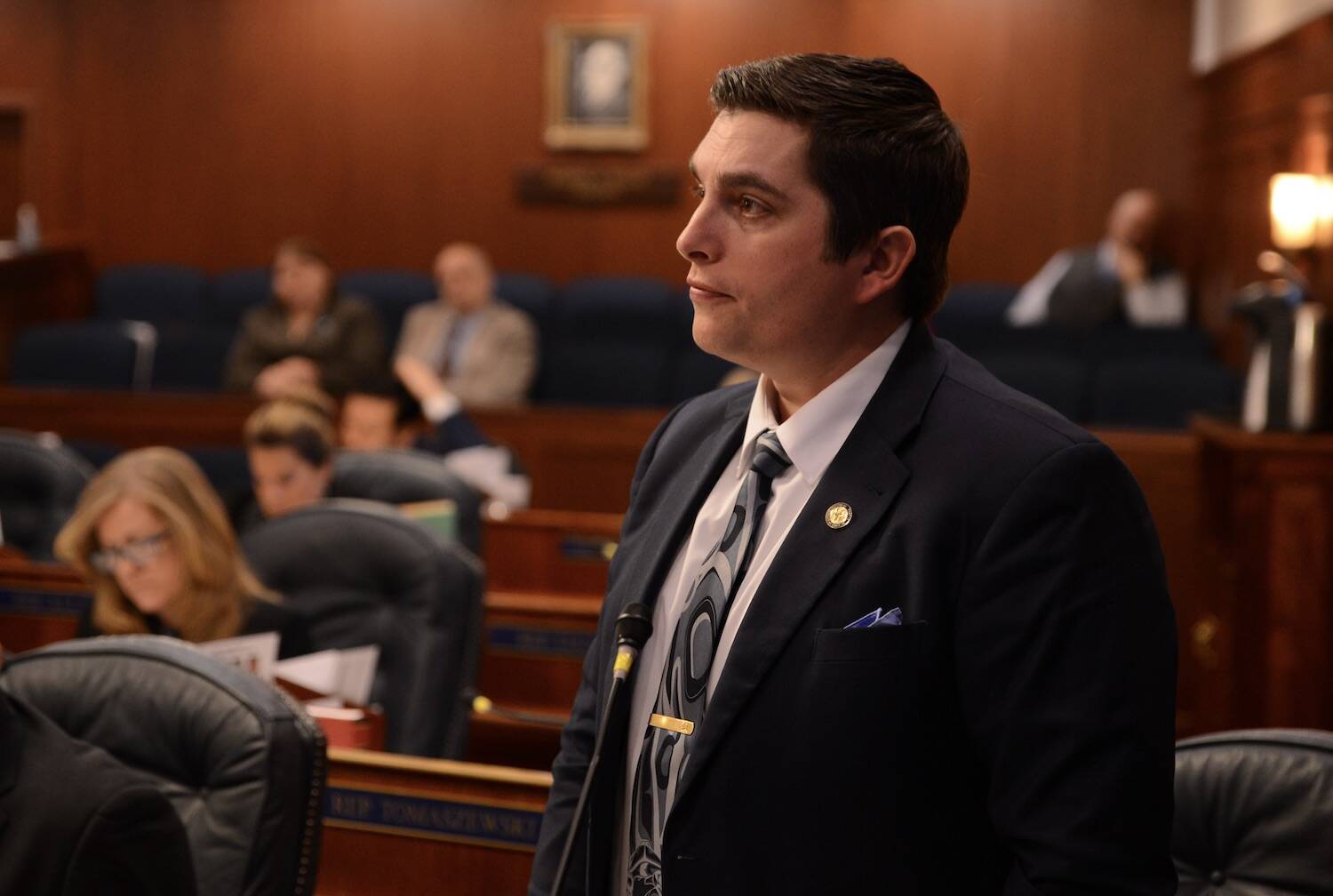 Rep. Justin Ruffridge, R-Soldotna, speaks Monday, May 8, 2023, on the floor of the Alaska House. (Photo by James Brooks/Alaska Beacon)