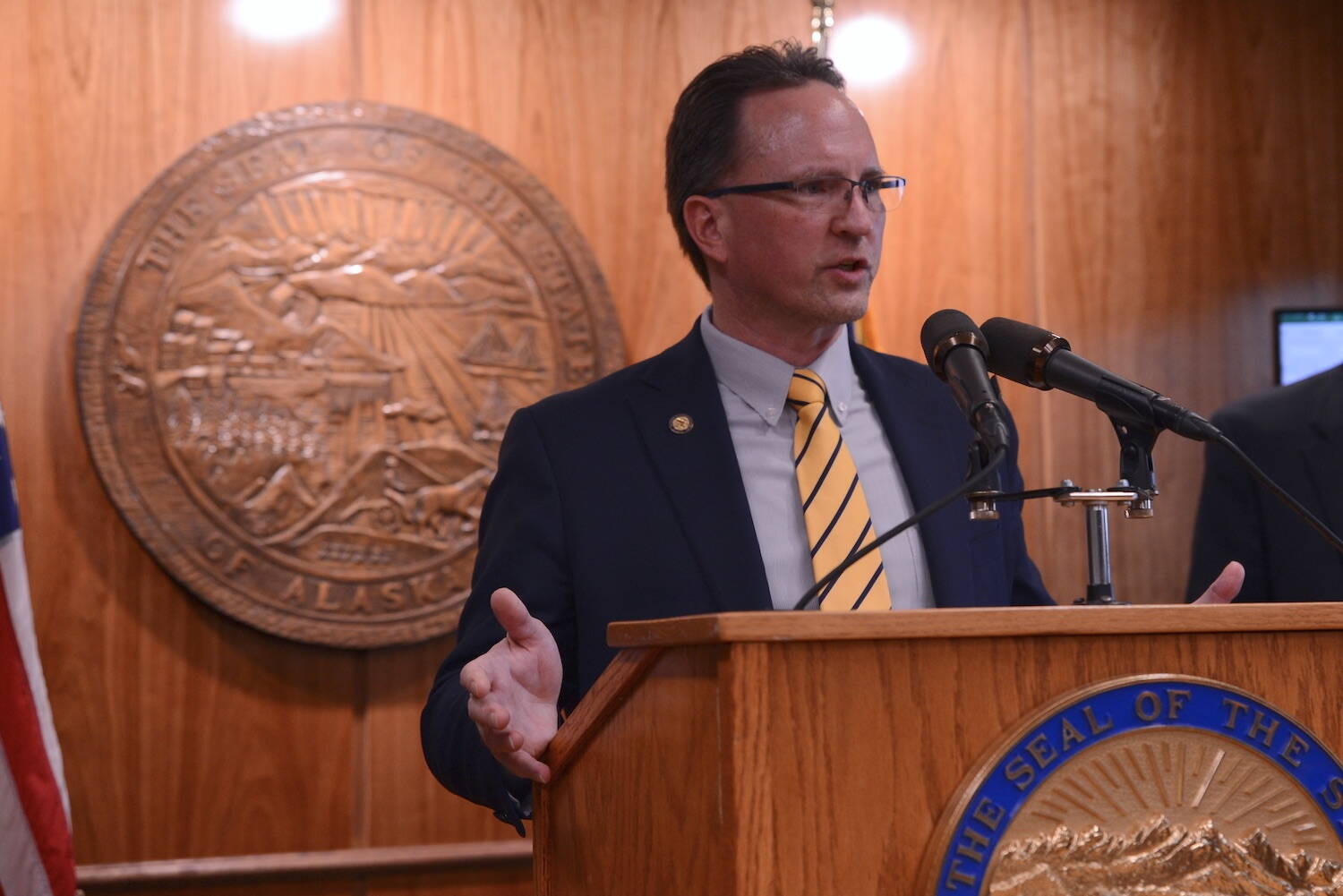 Rep. Ben Carpenter, R-Nikiski, speaks Thursday, April 27, 2023, at a news conference in Juneau. (James Brooks/Alaska Beacon)