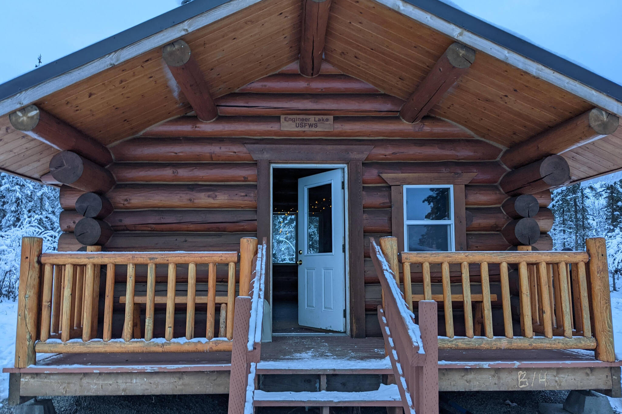 Engineer Lake Cabin can be seen in the Kenai National Wildlife Refuge on Nov. 21, 2021. (Photo by Erin Thompson/Peninsula Clarion)