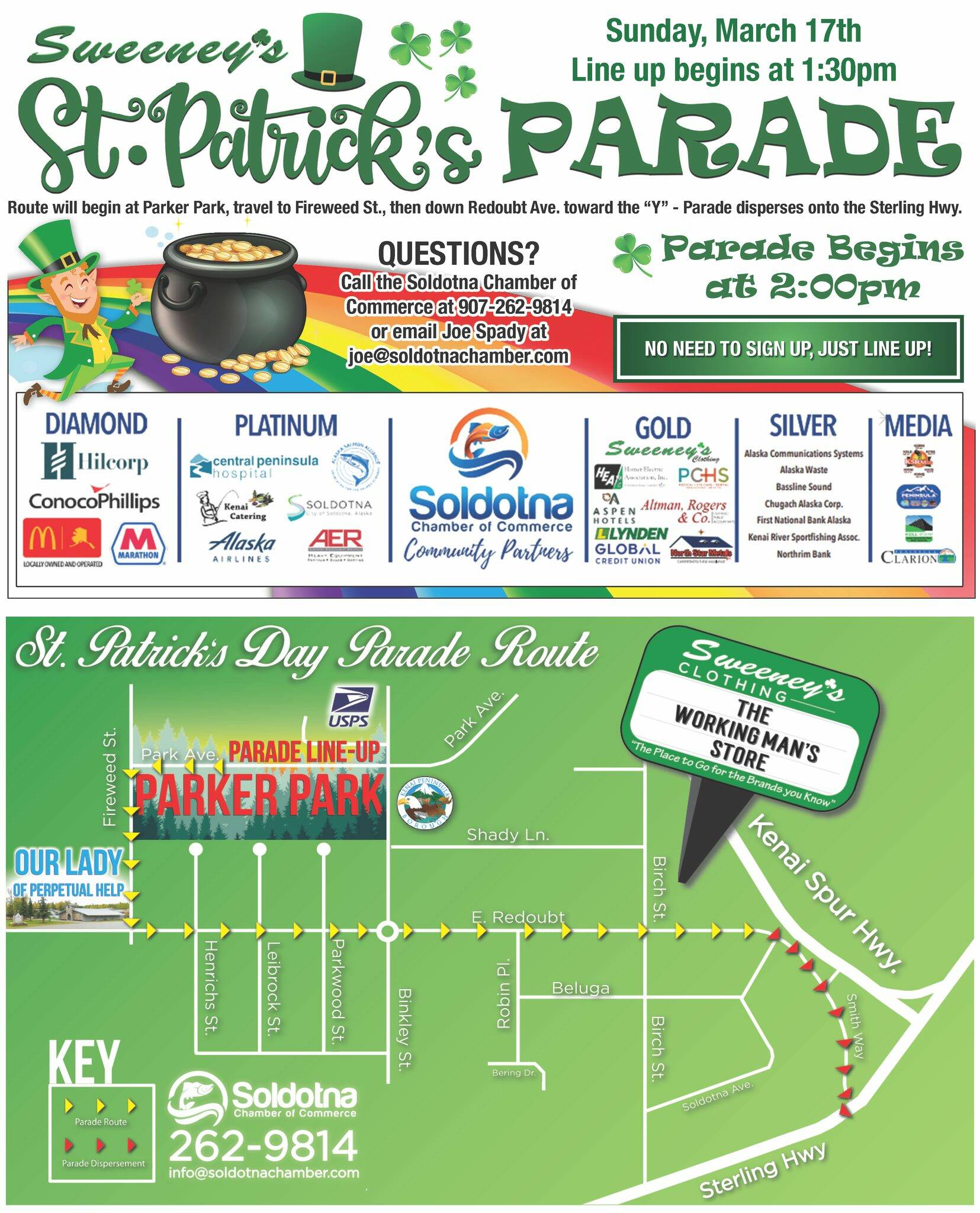 A flier displays information and a map for the Sweeney’s St. Patrick’s Day Parade. (Promotional image courtesy Soldotna Chamber of Commerce)