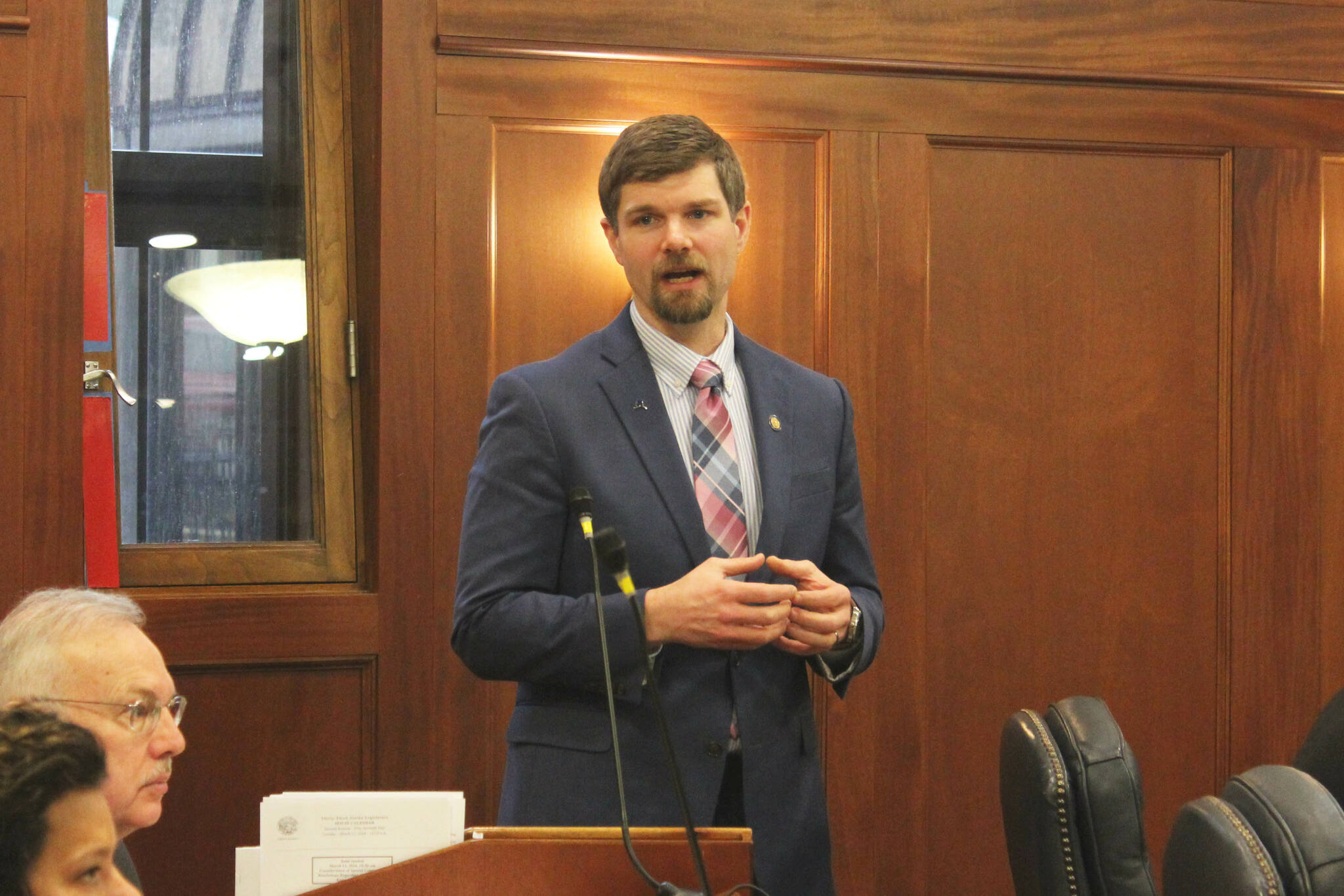 Sen. Jesse Bjorkman, R-Nikiski, speaks in opposition to an executive order that would abolish the Board of Certified Direct-Entry Midwives during a joint legislative session on Tuesday, March 12, 2024 in Juneau, Alaska. (Ashlyn O'Hara/Peninsula Clarion)