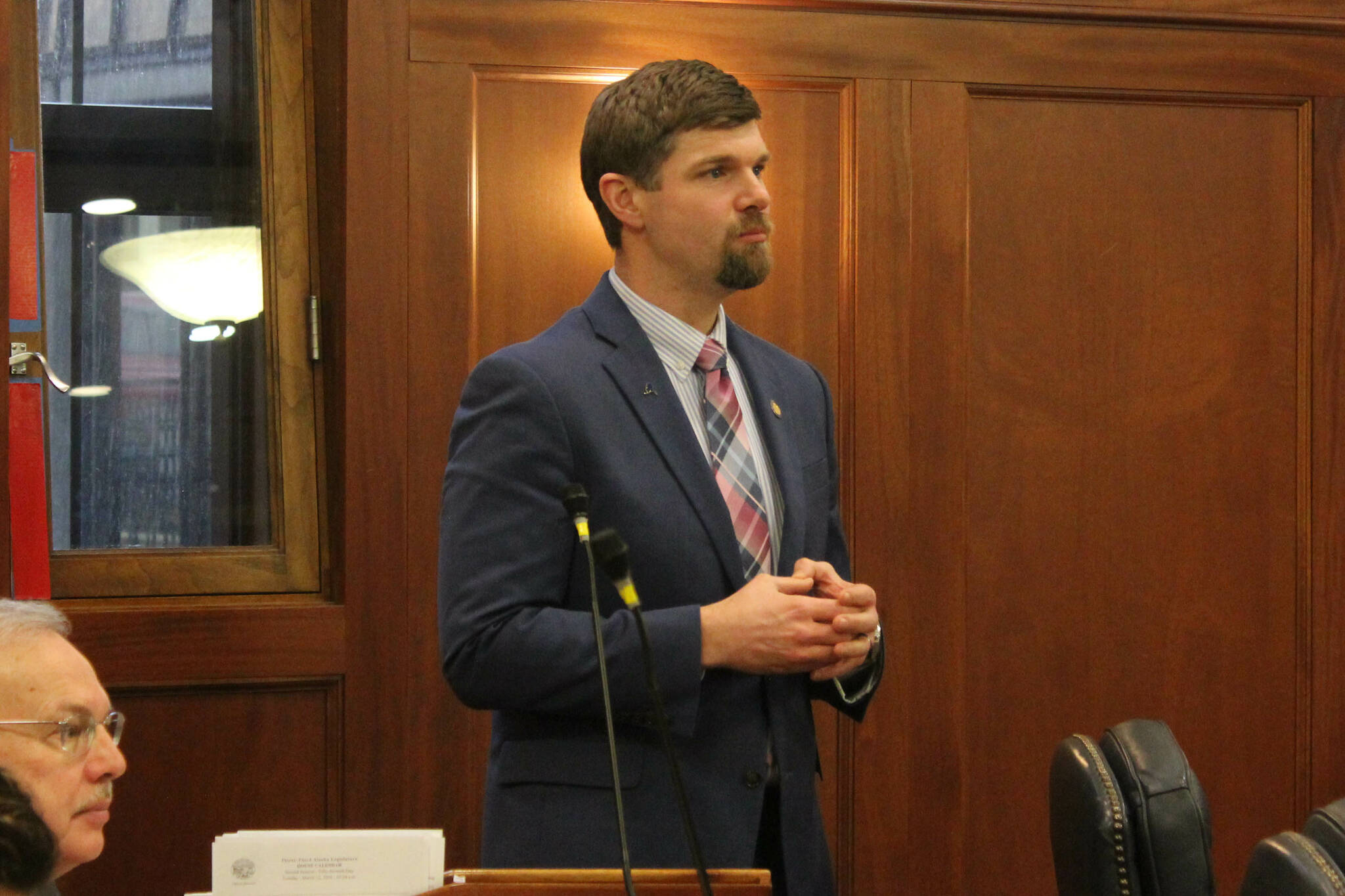 Sen. Jesse Bjorkman, R-Nikiski, speaks in opposition to an executive order that would abolish the Board of Certified Direct-Entry Midwives during a joint legislative session on Tuesday, March 12, 2024 in Juneau, Alaska. (Ashlyn O'Hara/Peninsula Clarion)