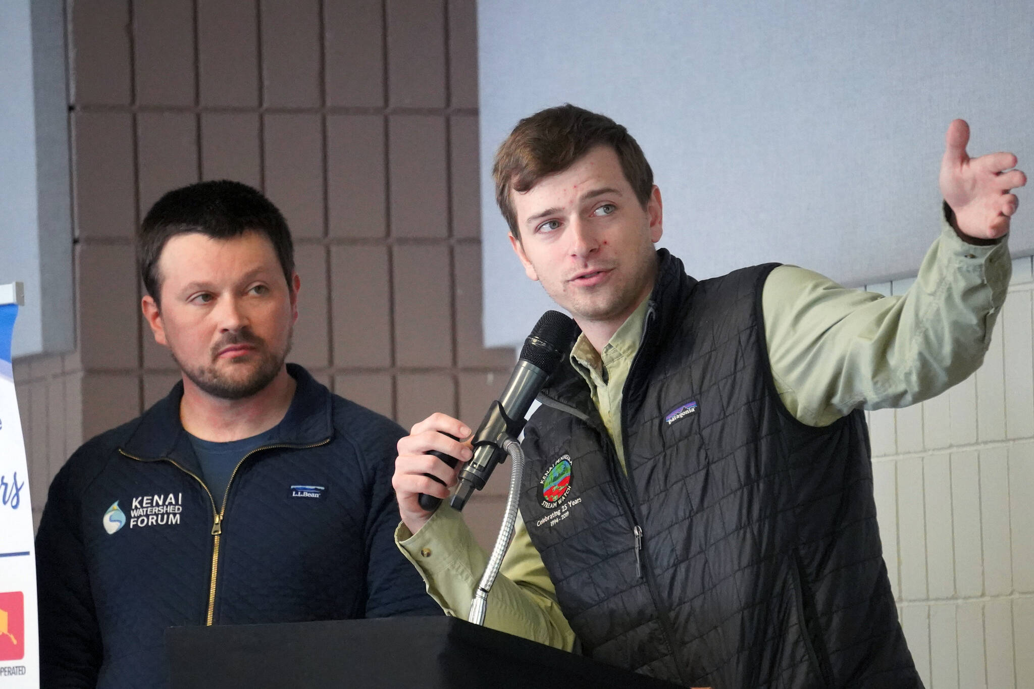 Ben Meyer and Brandon Drzazgowski present to the Soldotna and Kenai Chambers of Commerce at the Soldotna Regional Sports Complex in Soldotna, Alaska, on Wednesday, March 13, 2024. (Jake Dye/Peninsula Clarion)