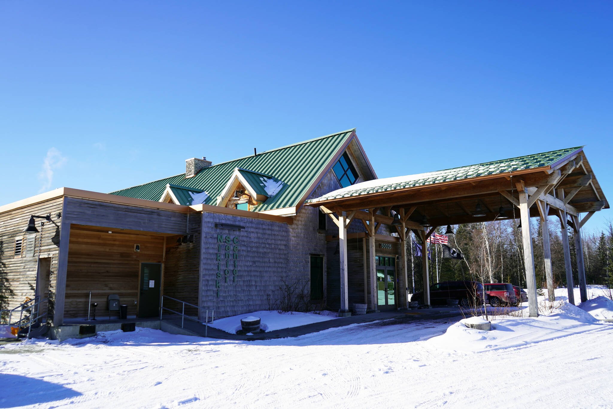 The Nikiski Senior Center stands under sunlight in Nikiski, Alaska, on Thursday, March 14, 2024. (Jake Dye/Peninsula Clarion)