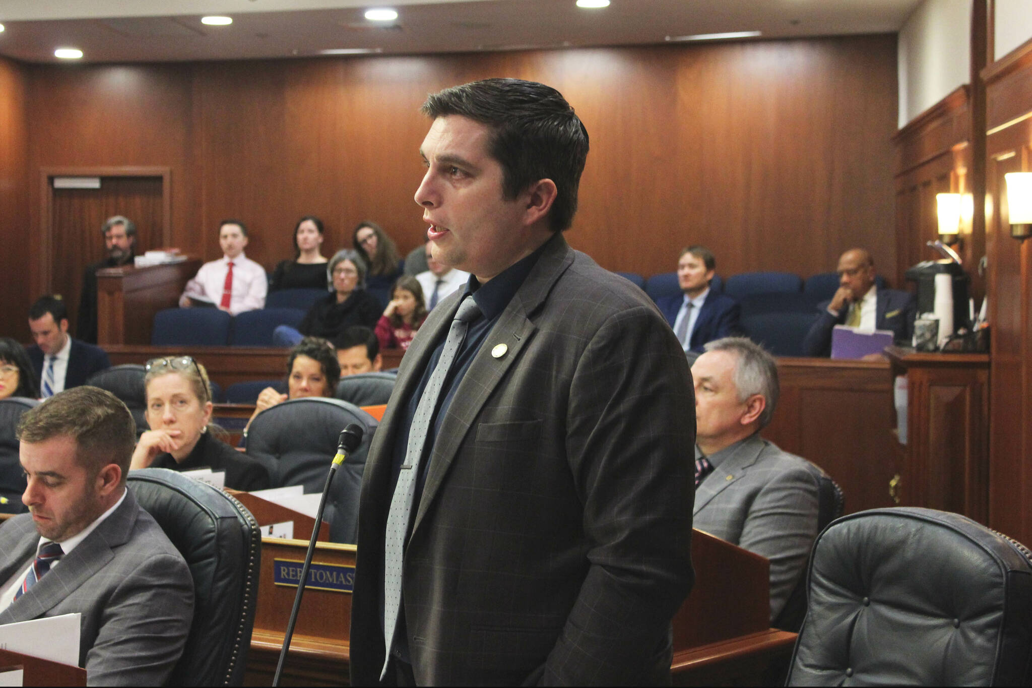 Rep. Justin Ruffridge, R-Soldotna, speaks in support of a bill increasing state funds for public education in the Alaska House of Representatives on Thursday, Feb. 22, 2024, in Juneau, Alaska. (Ashlyn O’Hara/Peninsula Clarion)