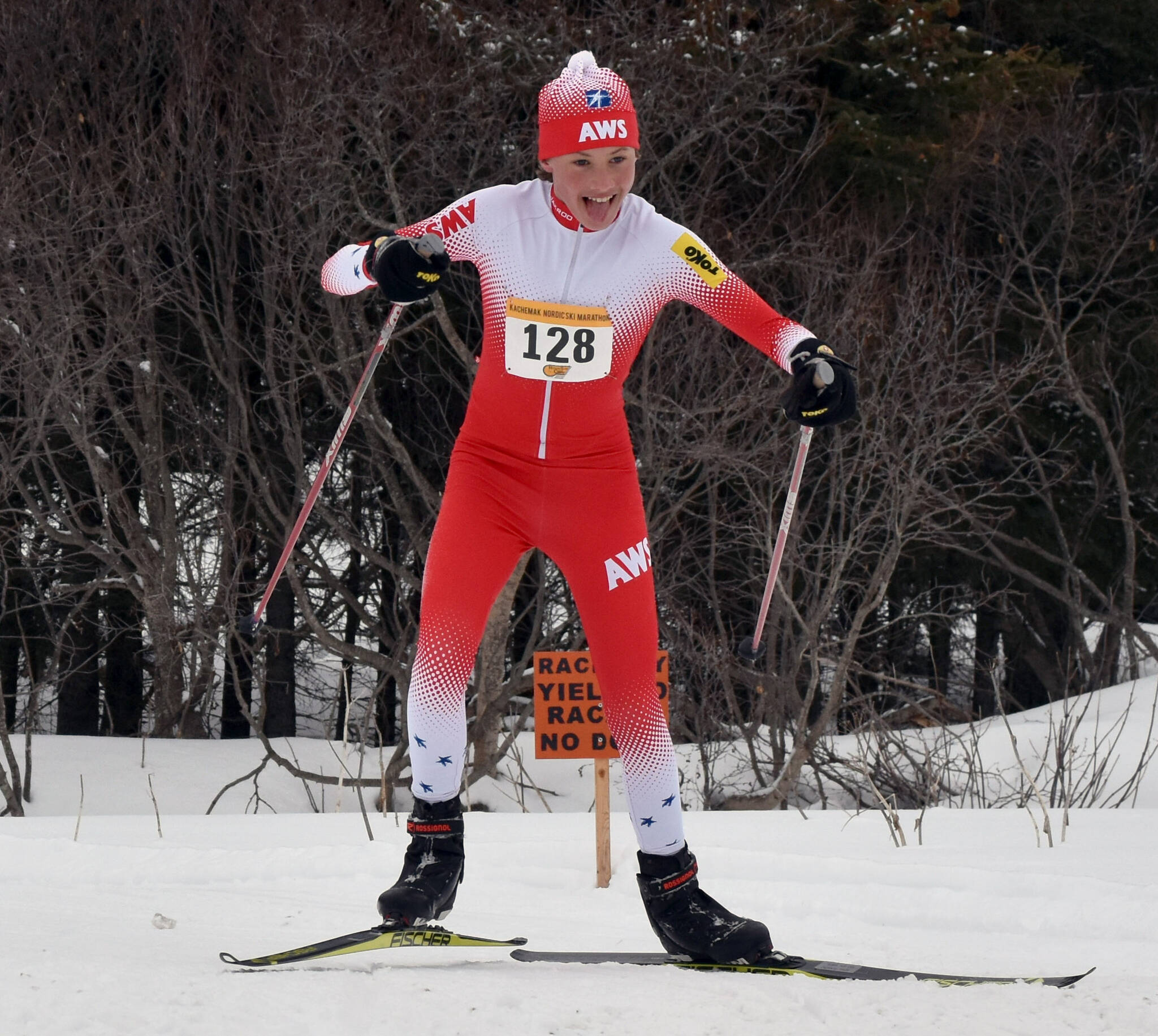 Anchorage’s Aksel Flagstad skis to victory in the 25-kilometer men’s race at the Kachemak Ski Marathon just outside of Homer, Alaska, on Saturday, March 16, 2024. (Photo by Erin Thompson/Peninsula Clarion)