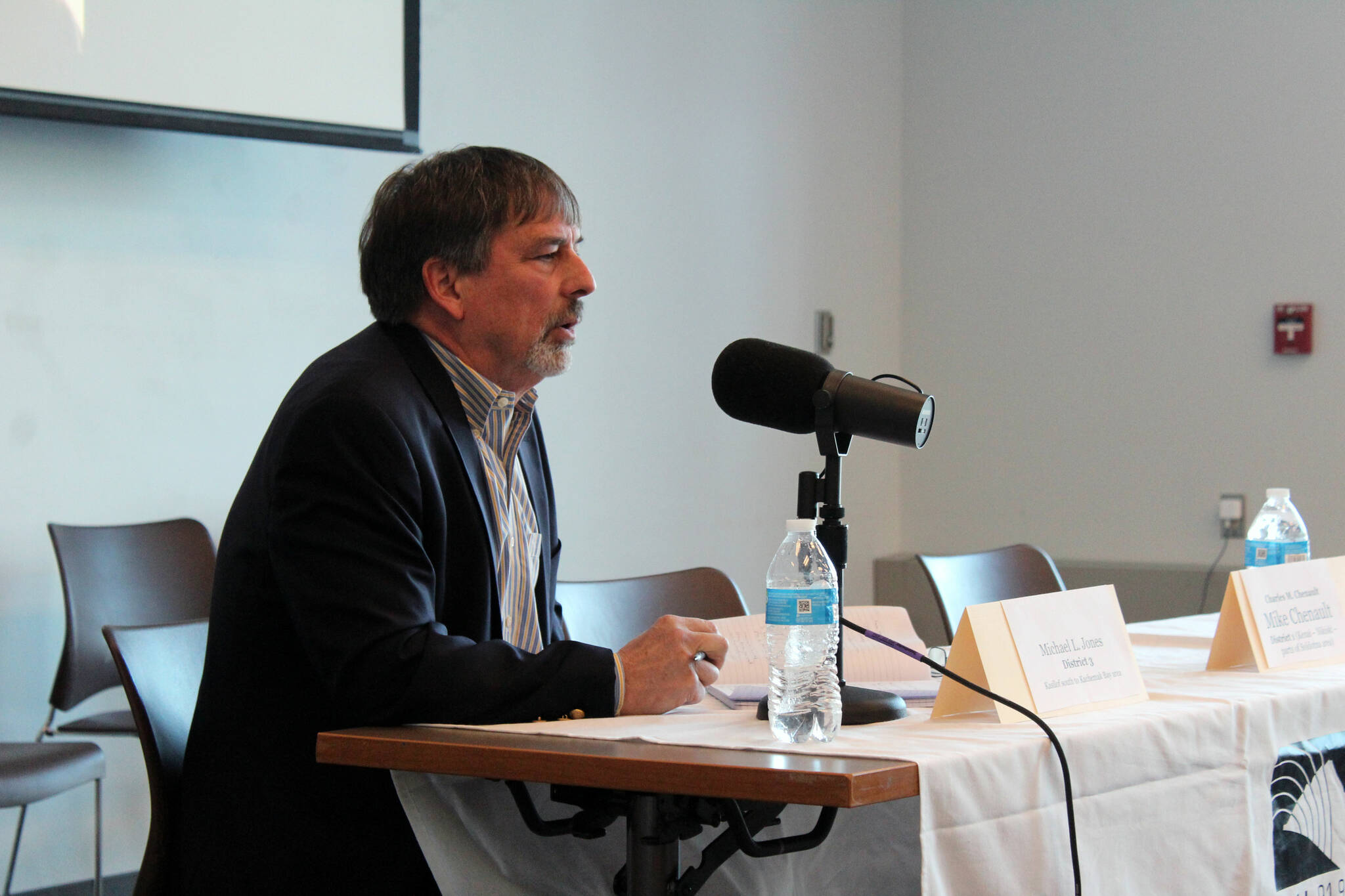 Michael Jones participates in a candidate forum for the Homer Electric Association Board of Directors hosted by KDLL 91.9 FM, KBBI AM 890 and the Peninsula Clarion at the Soldotna Public Library in Soldotna, Alaska, on Monday, March 18, 2024. (Jake Dye/Peninsula Clarion)