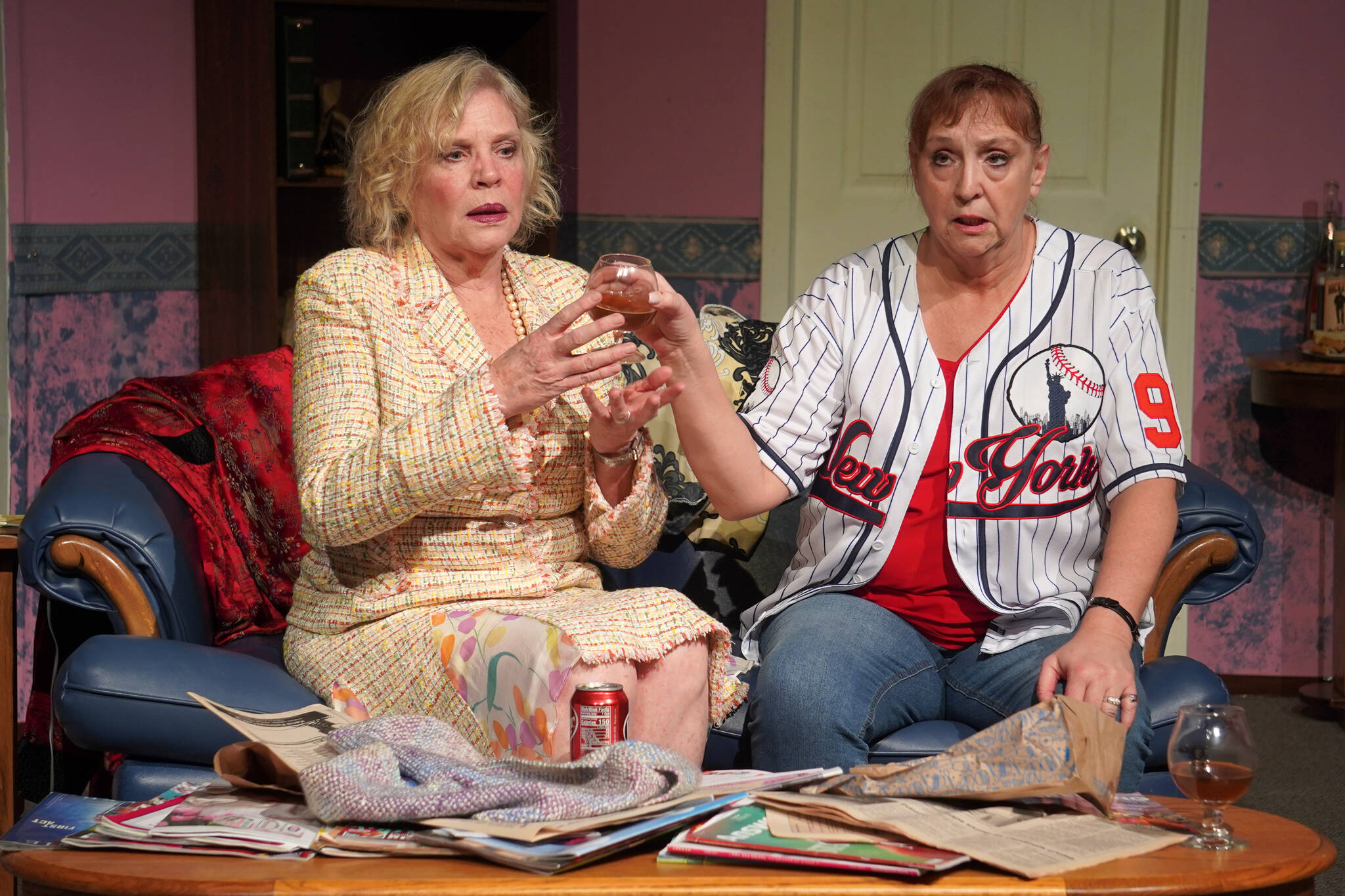 Terri Zopf-Schoessler and Donna Shirnberg rehearse “The Odd Couple: The Female Version” at the Kenai Performers’ Theater near Soldotna, Alaska, on Tuesday, March 19, 2024. (Jake Dye/Peninsula Clarion)