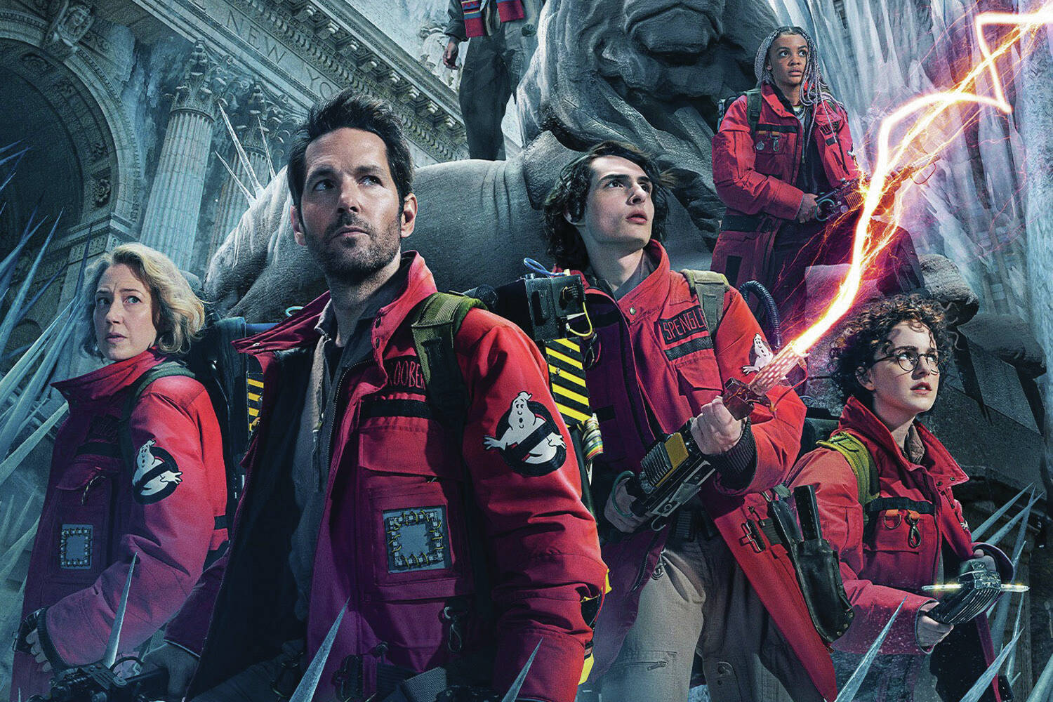 Promotional photo courtesy Sony Pictures
Carrie Coon, Paul Rudd, Finn Wolfhard, Mckenna Grace and Celeste O’Connor appear in “Ghostbusters: Frozen Empire.”