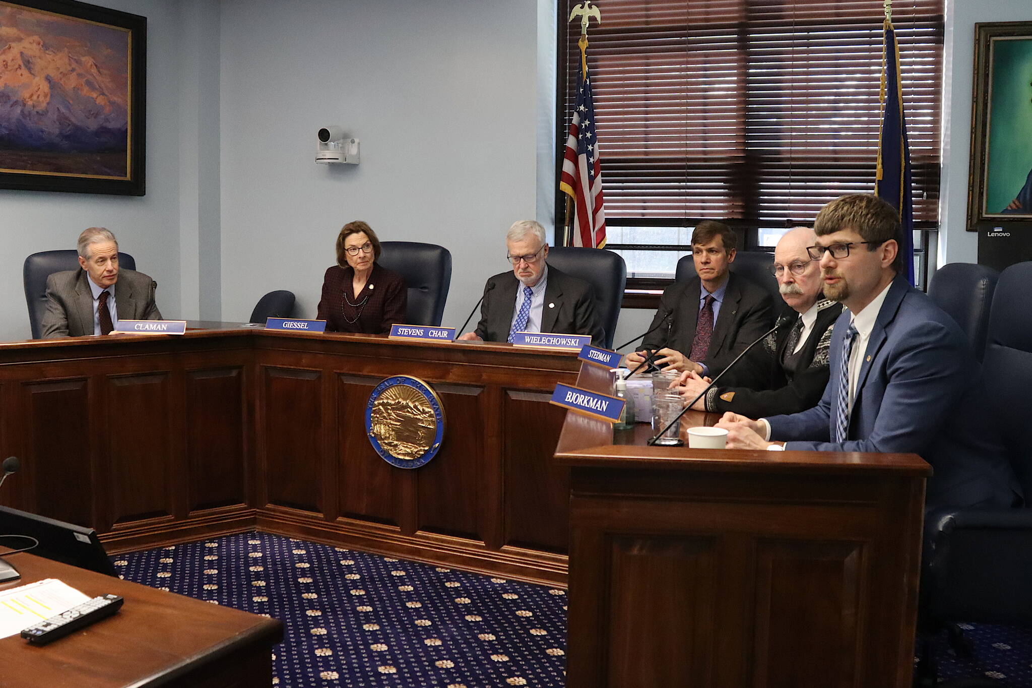 Nikiski Republican Sen. Jesse Bjorkman, right, speaks against the Alaska Legislature’s Monday failure to override Gov. Mike Dunleavy’s veto of a comprehensive education bill during a press conference on Tuesday, March 19, 2024, in Juneau, Alaska. (Mark Sabbatini/Juneau Empire)