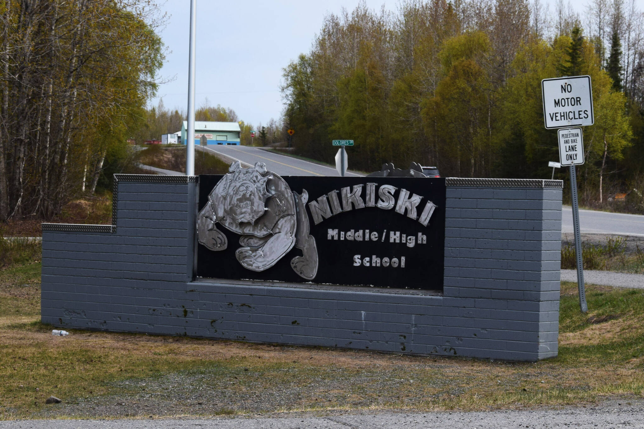 Signage marks the entrance to Nikiski Middle/High School on Monday, May 16, 2022, in Nikiski, Alaska. (Ashlyn O’Hara/Peninsula Clarion)