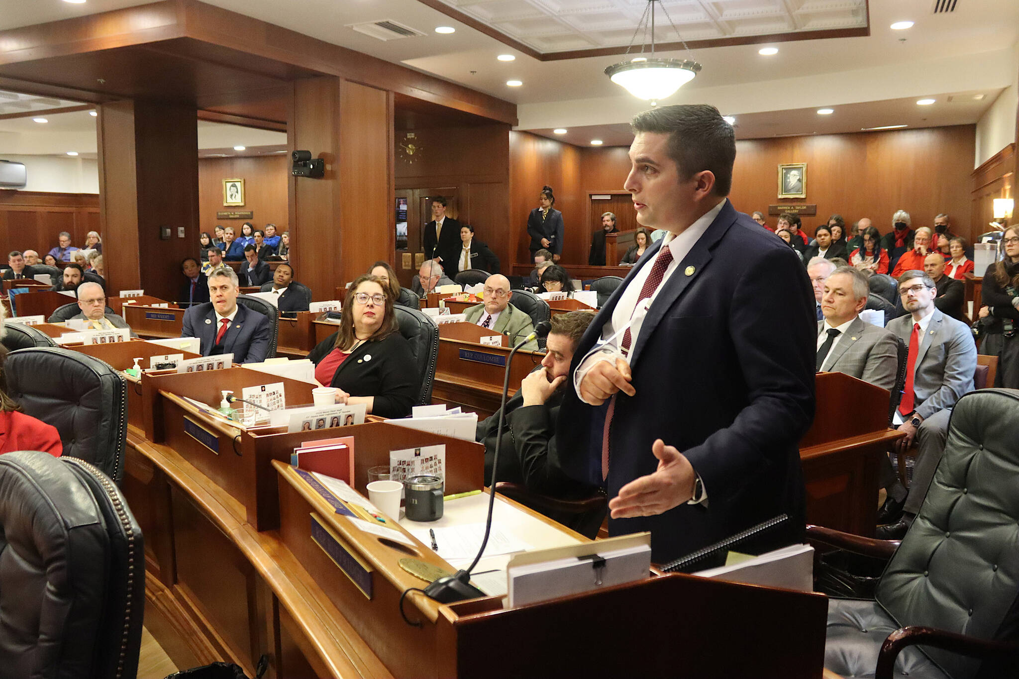 Rep. Justin Ruffridge, a Soldotna Republican who co-chairs the House Education Committee, speaks in favor overriding a veto of Senate Bill 140 during floor debate of a joint session of the Alaska State Legislature on Monday, March 18, 2024. (Mark Sabbatini / Juneau Empire)