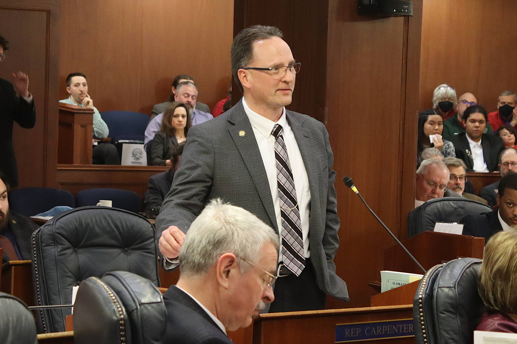 Rep. Ben Carpenter, a Nikiski Republican, speaks in opposition to overriding a veto of Senate Bill 140 during floor debate of a joint session of the Alaska State Legislature on Monday, March 18, 2024. (Mark Sabbatini / Juneau Empire)