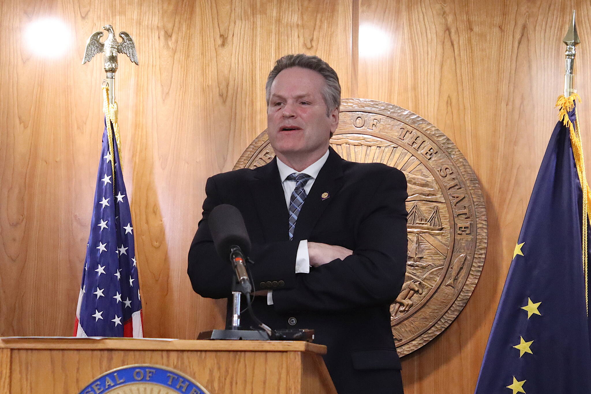 Gov. Mike Dunleavy discusses his veto of a wide-ranging education bill during a press conference Friday, March 15, 2024, at the Alaska State Capitol. (Mark Sabbatini / Juneau Empire)
