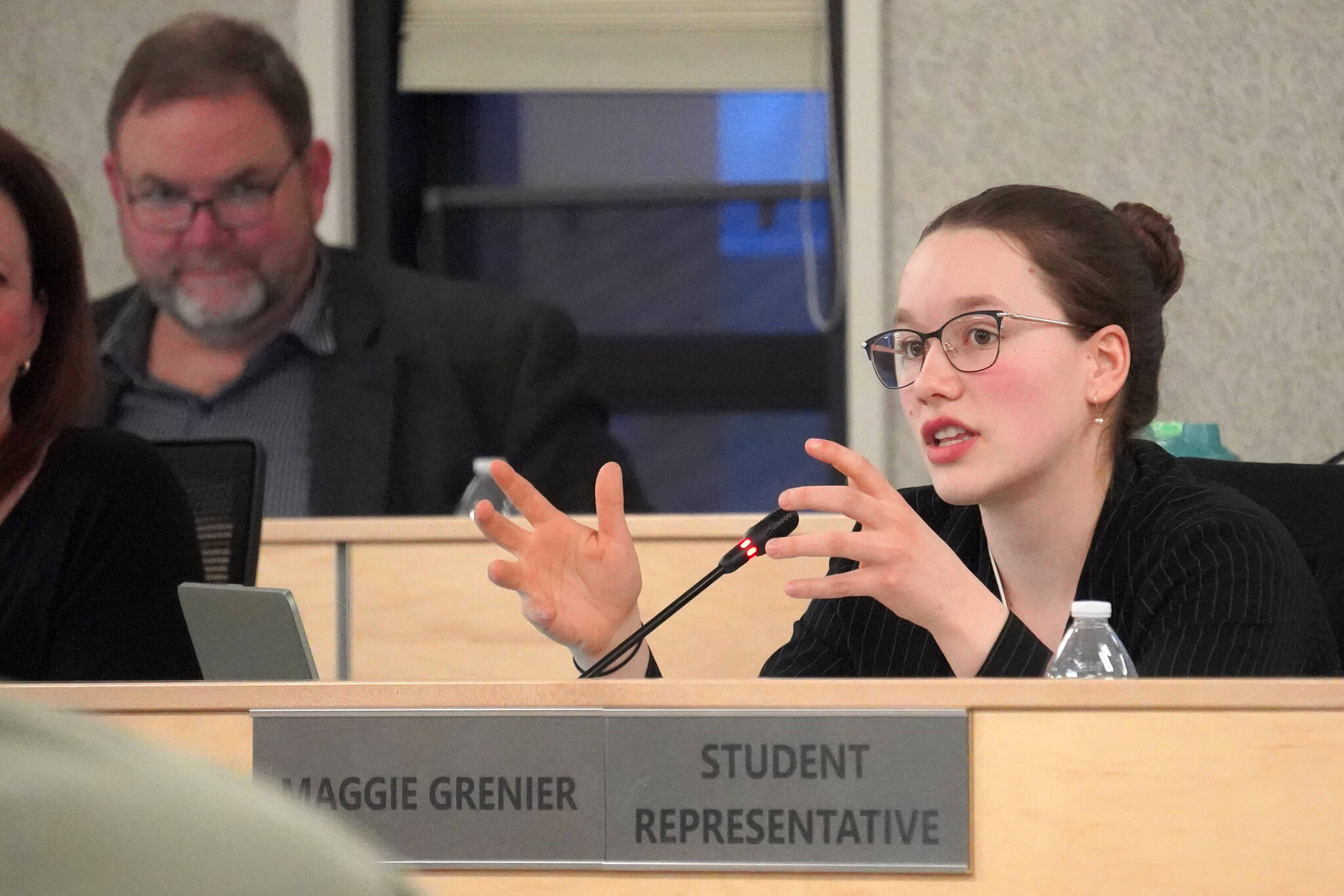 Student Representative Maggie Grenier speaks during a meeting of the Kenai Peninsula Borough School District School Board in Soldotna, Alaska, on Monday, April 1, 2024. (Jake Dye/Peninsula Clarion)