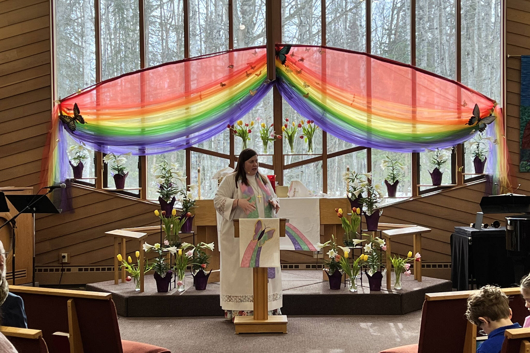 Meredith Harber pastors at Christ Lutheran on Easter morning, Sunday, March 31, 2024, in Soldotna, Alaska. (Photo by Debbie Delker/courtesy)