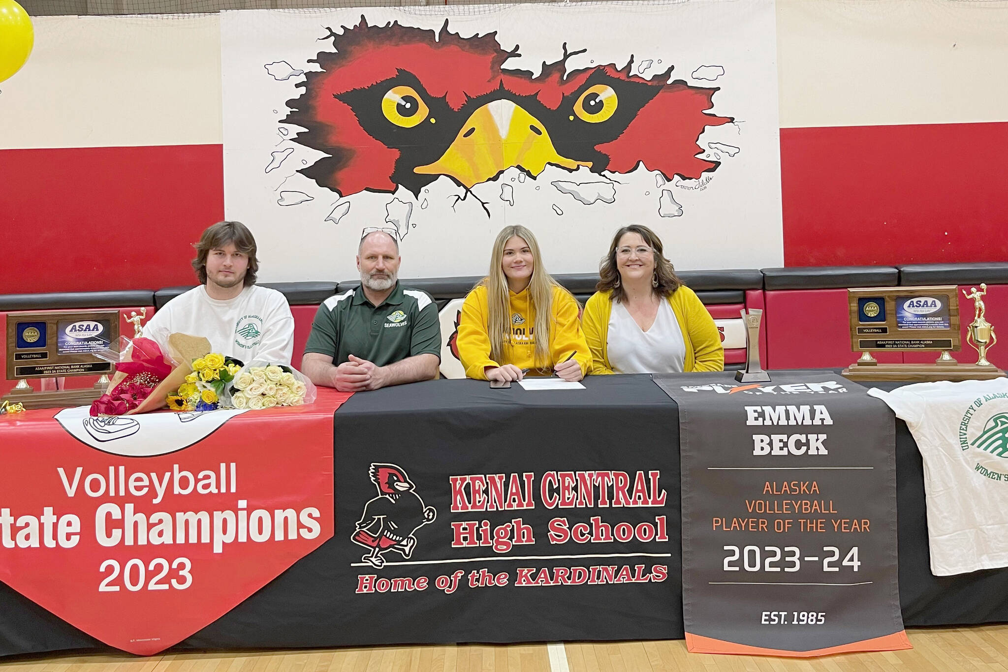 Hunter Beck, Dan Beck, Emma Beck and Tracie Beck sit at Kenai Central High School in Kenai, Alaska, on Wednesday, April 3, 2024, as Emma signs a National Letter of Intent to play volleyball at the University of Alaska Anchorage. Hunter is Emma's brother, Dan is Emma's father and Tracie is Emma's mother and the head volleyball coach. (Photo provided)