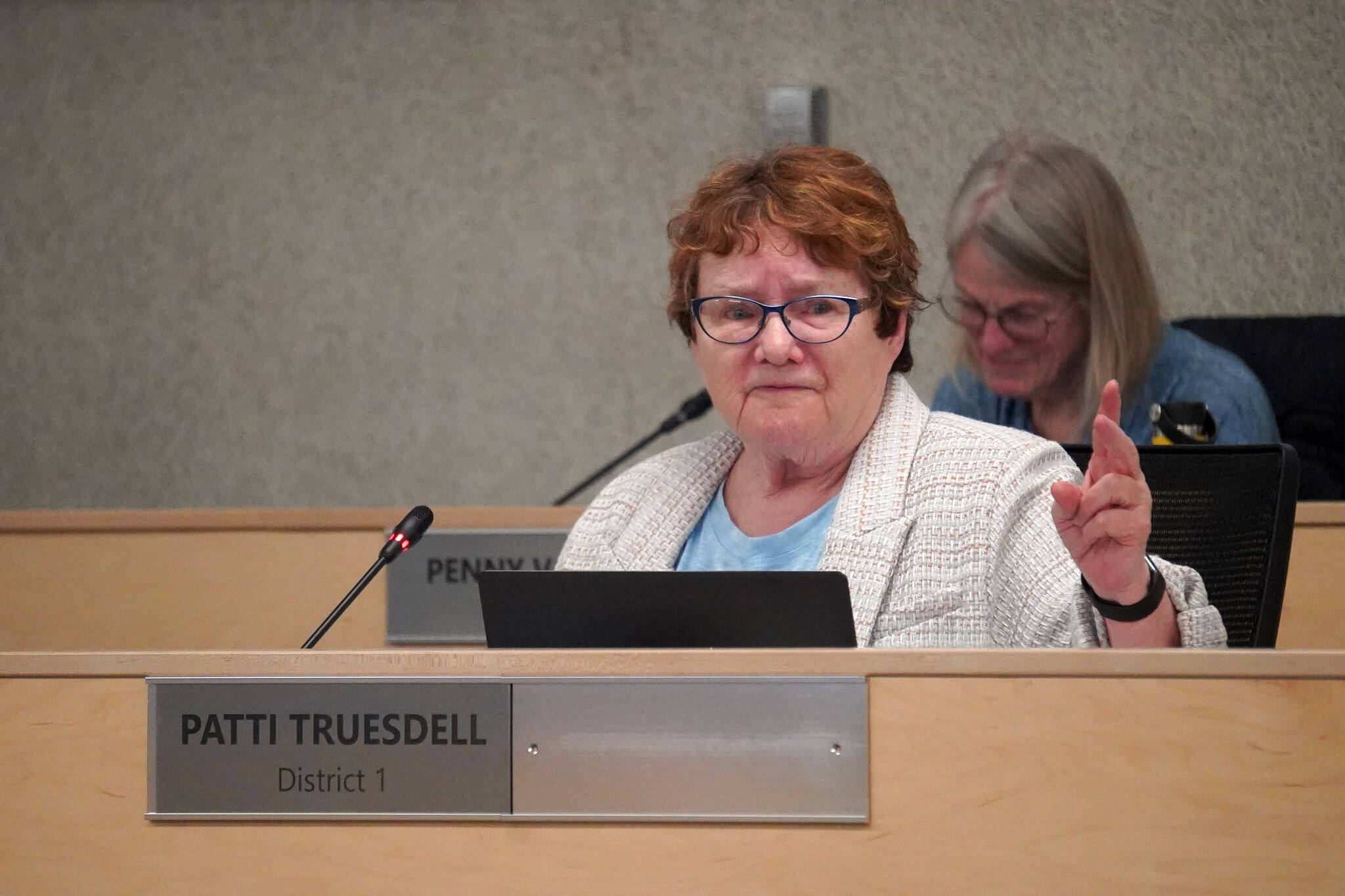 School board member Patti Truesdell speaks during a meeting of the Kenai Peninsula Borough School District School Board in Soldotna, Alaska, on Monday, April 1, 2024. (Jake Dye/Peninsula Clarion)