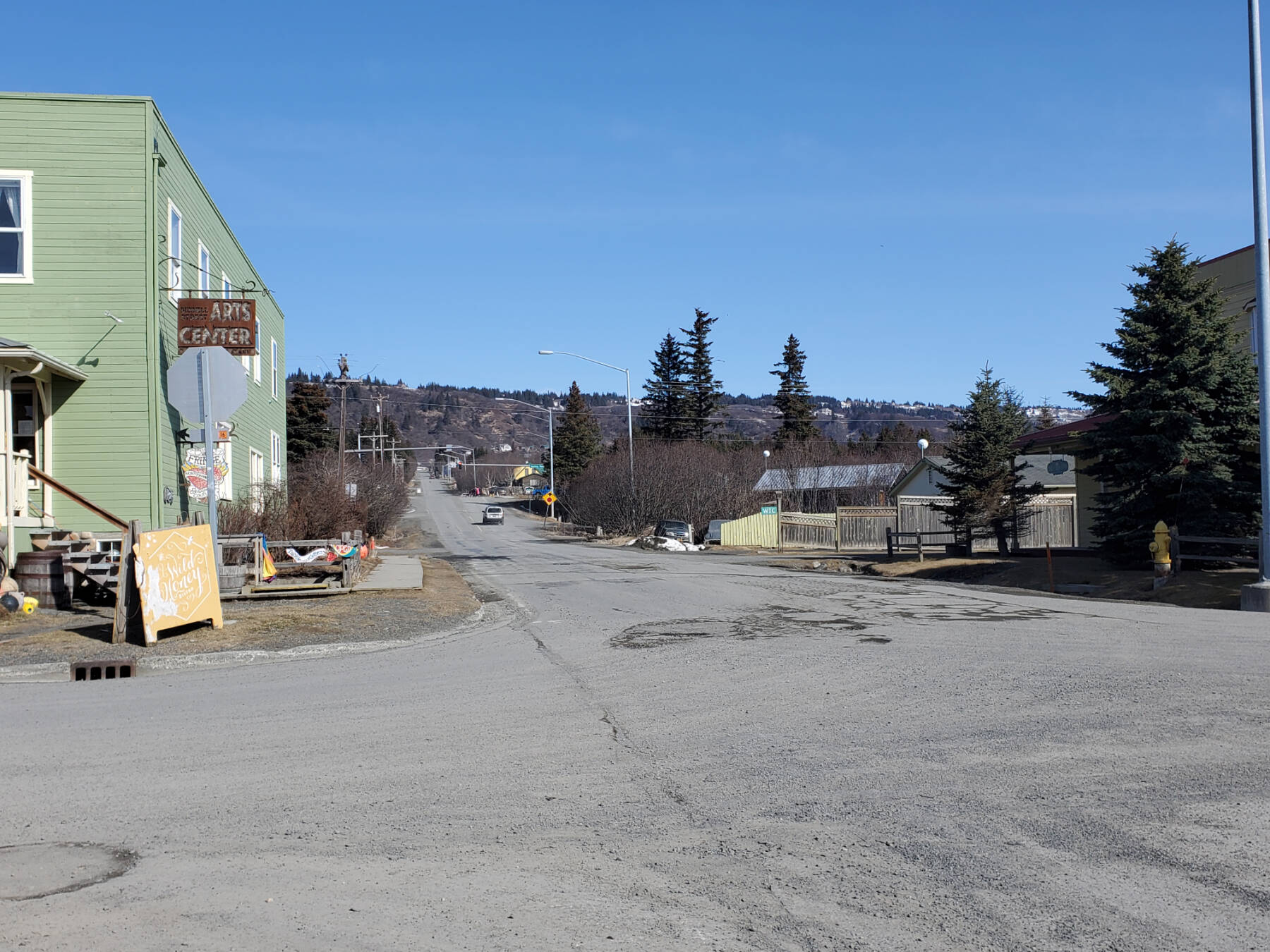 Main Street South, photographed on Saturday, April 6, 2024 between Pioneer Avenue and Bunnell Avenue, is one of the locations selected for the Homer All-Ages and Abilities Pedestrian Pathway project approved in the 2024-2027 Alaska Department of Transportation and Public Facilities Statewide Transportation Improvement Program. (Delcenia Cosman/Homer News)