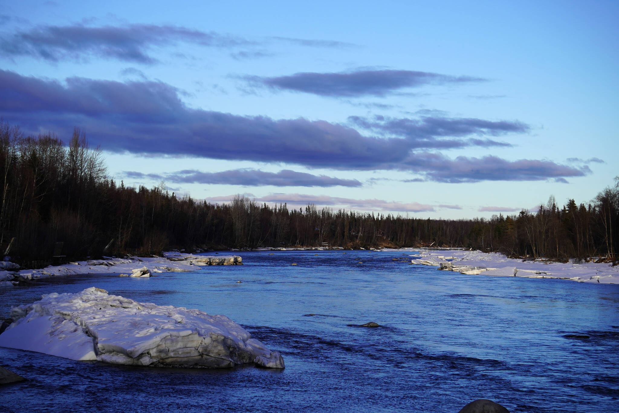 The Kenai River flows near Soldotna Creek Park in Soldotna, Alaska, on Wednesday, April 10, 2024. The Riverfront Redevelopment project will impact much of Soldotna’s riverside areas downstream to the bridge. (Jake Dye/Peninsula Clarion)