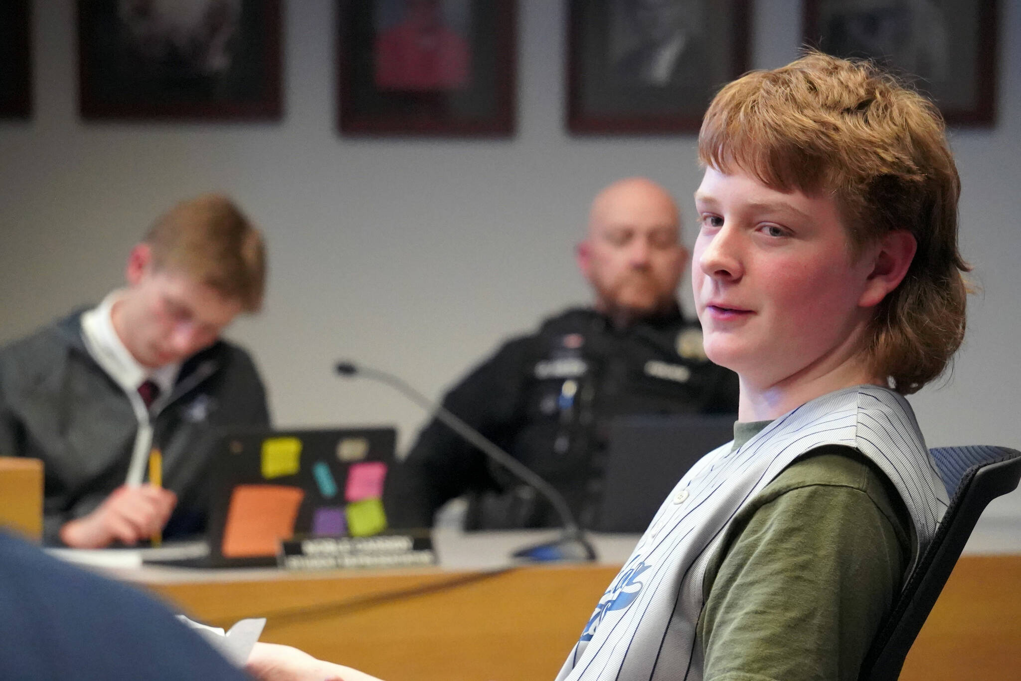 Corey Cannon, who plays baseball as part of Soldotna Little League, speaks to the Soldotna City Council during their meeting in Soldotna, Alaska, on Wednesday, April 10, 2024. (Jake Dye/Peninsula Clarion)