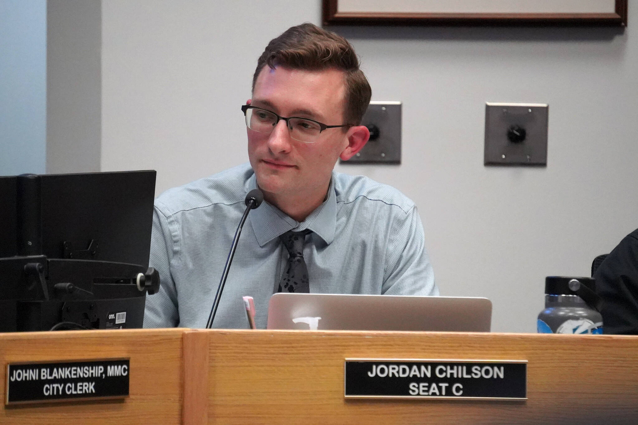 Jordan Chilson votes in favor of an ordinance he sponsored seeking equitable access to baby changing tables during a meeting of the Soldotna City Council in Soldotna, Alaska, on Wednesday, April 10, 2024. (Jake Dye/Peninsula Clarion)