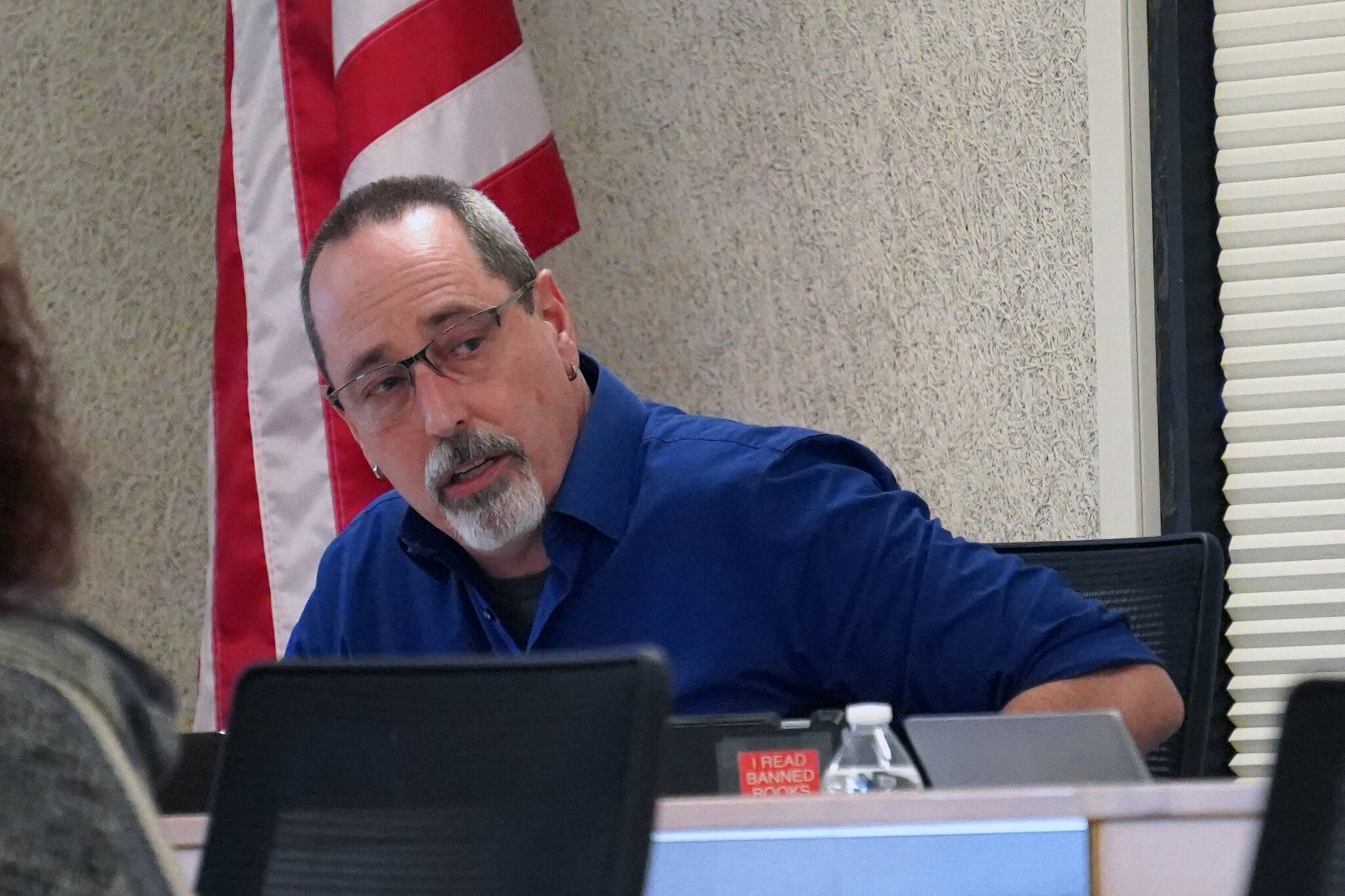 Zen Kelly, president of the Kenai Peninsula Borough School District’s school board, speaks during a special meeting of the Kenai Peninsula Borough School District’s School Board in Soldotna, Alaska, on Monday, April 15, 2024. (Jake Dye/Peninsula Clarion)