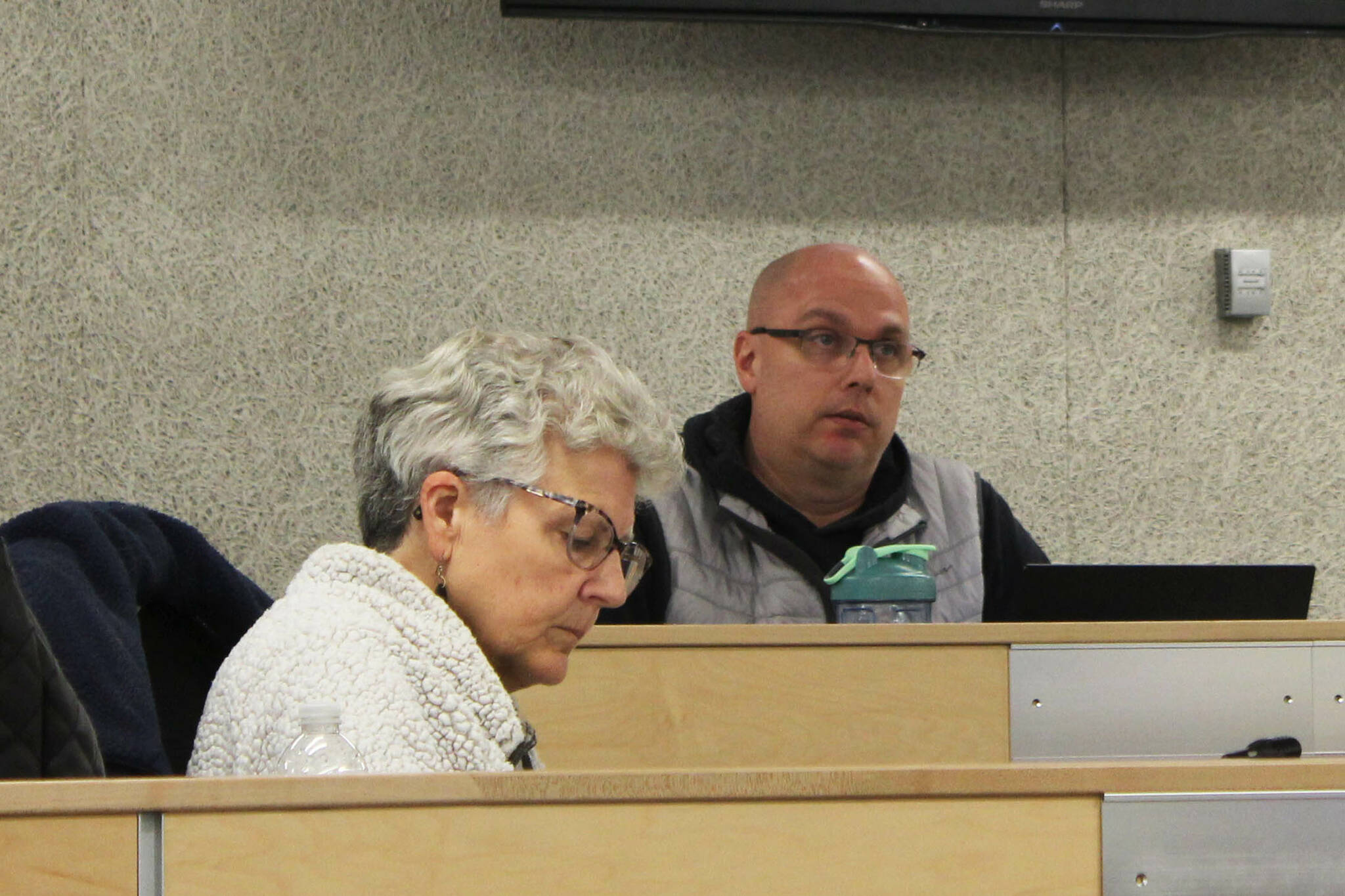 Kenai Peninsula Education Association President LaDawn Druce (left) and committee Chair Jason Tauriainen (right) participate in the first meeting of the Kenai Peninsula Borough School District’s Four Day School Week Ad Hoc Committee on Wednesday, Jan. 10, 2024, in Soldotna, Alaska. (Ashlyn O’Hara/Peninsula Clarion)