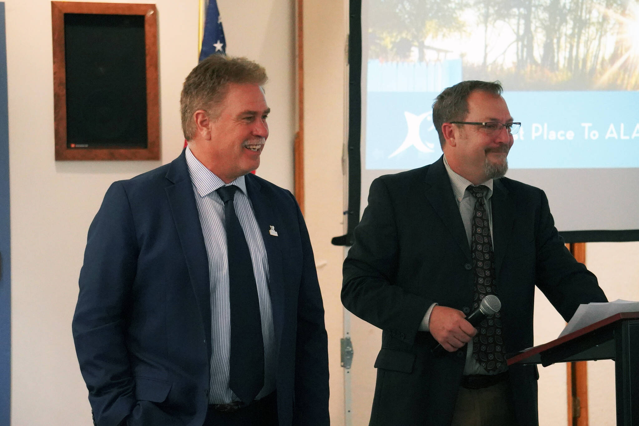 City of Kenai Mayor Brian Gabriel and City Manager Terry Eubank present “State of the City” at the Kenai Chamber of Commerce and Visitor’s Center in Kenai, Alaska, on Wednesday, April 17, 2024. (Jake Dye/Peninsula Clarion)