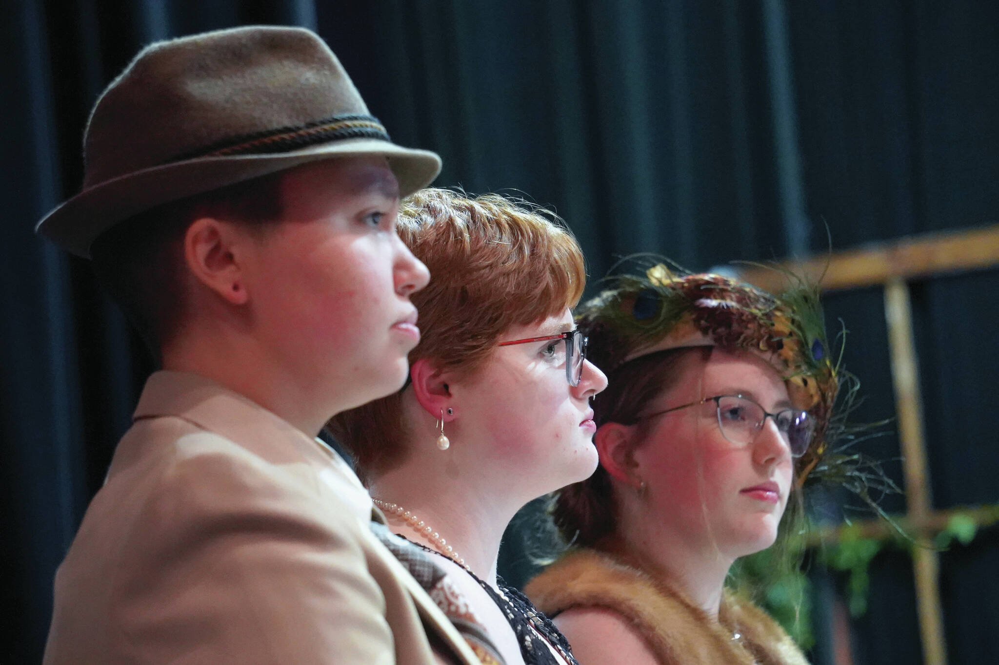 Jake Dye/Peninsula Clarion
Chloe Jacko, Ada Bon and Emerson Kapp rehearse “Clue” at Soldotna High School in Soldotna, Alaska, on Thursday, April 18, 2024.