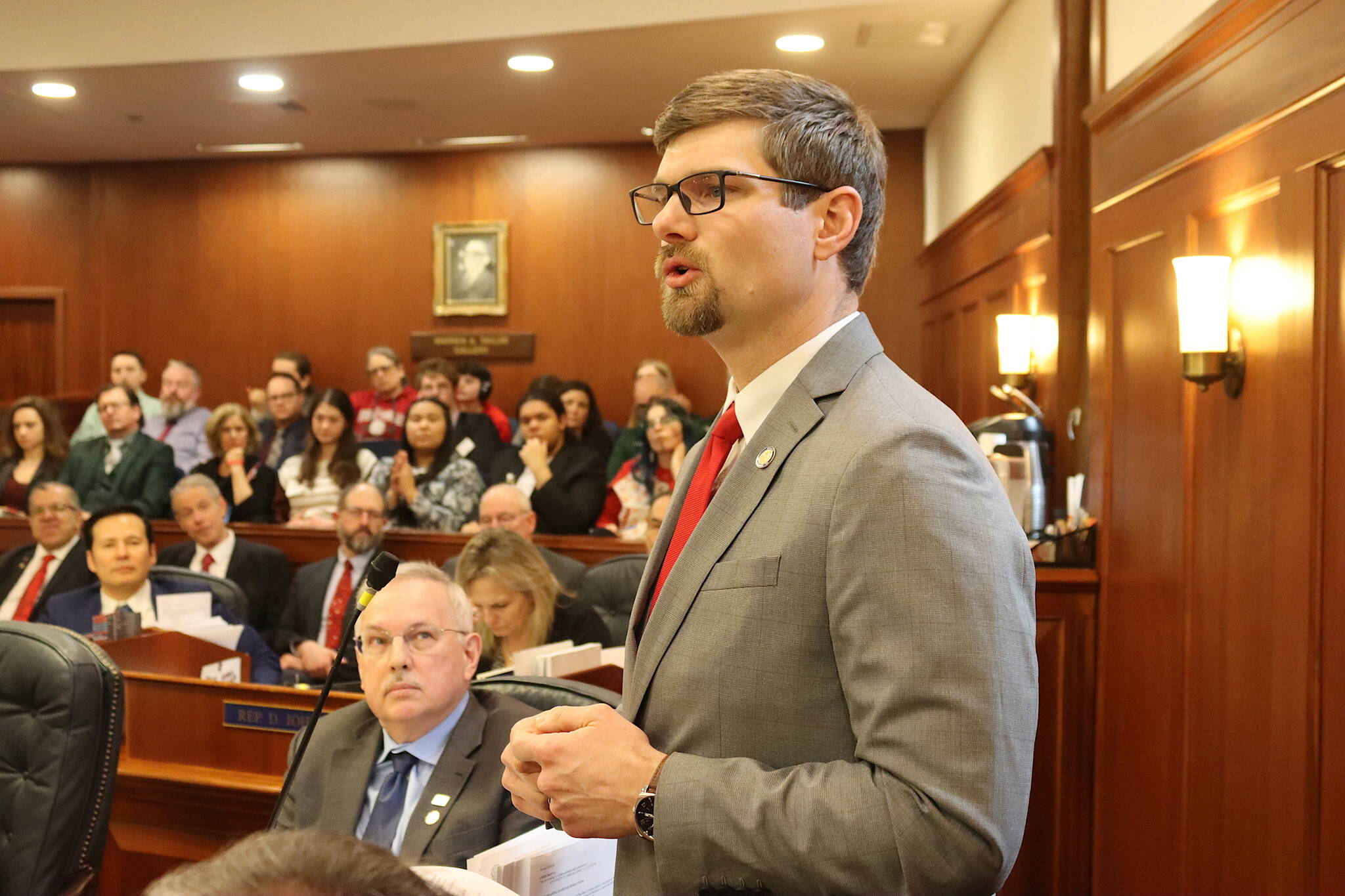 Sen. Jesse Bjorkman, a Nikiski Republican, speaks during floor debate of a joint session of the Alaska State Legislature on Monday, March 18, 2024. (Mark Sabbatini / Juneau Empire)