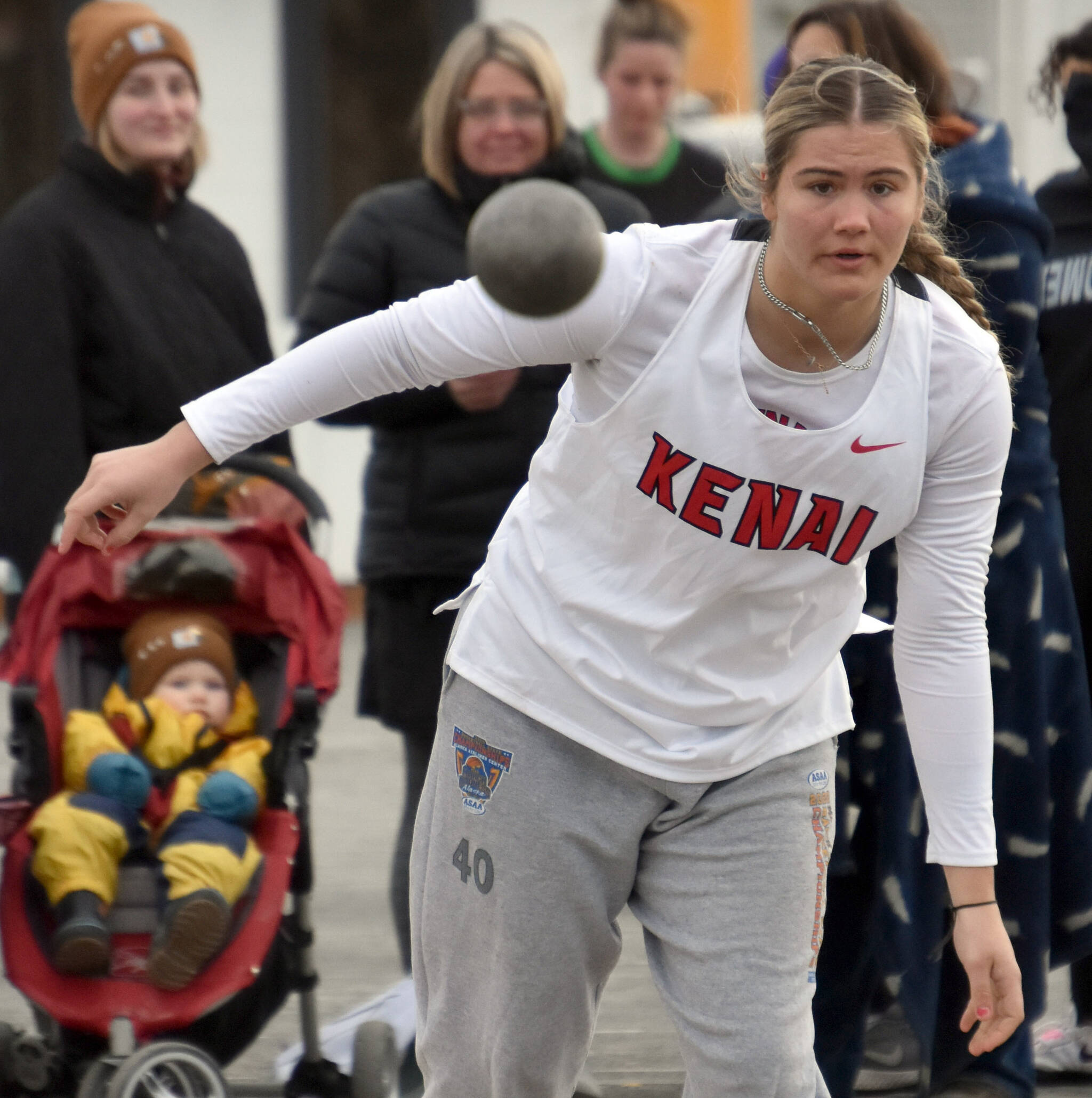 Kenai Central’s Emma Beck competes in the shot put Saturday, April 20, 2024, at the Soldotna Invitational at Soldotna High School in Soldotna, Alaska. (Photo by Jeff Helminiak/Peninsula Clarion)